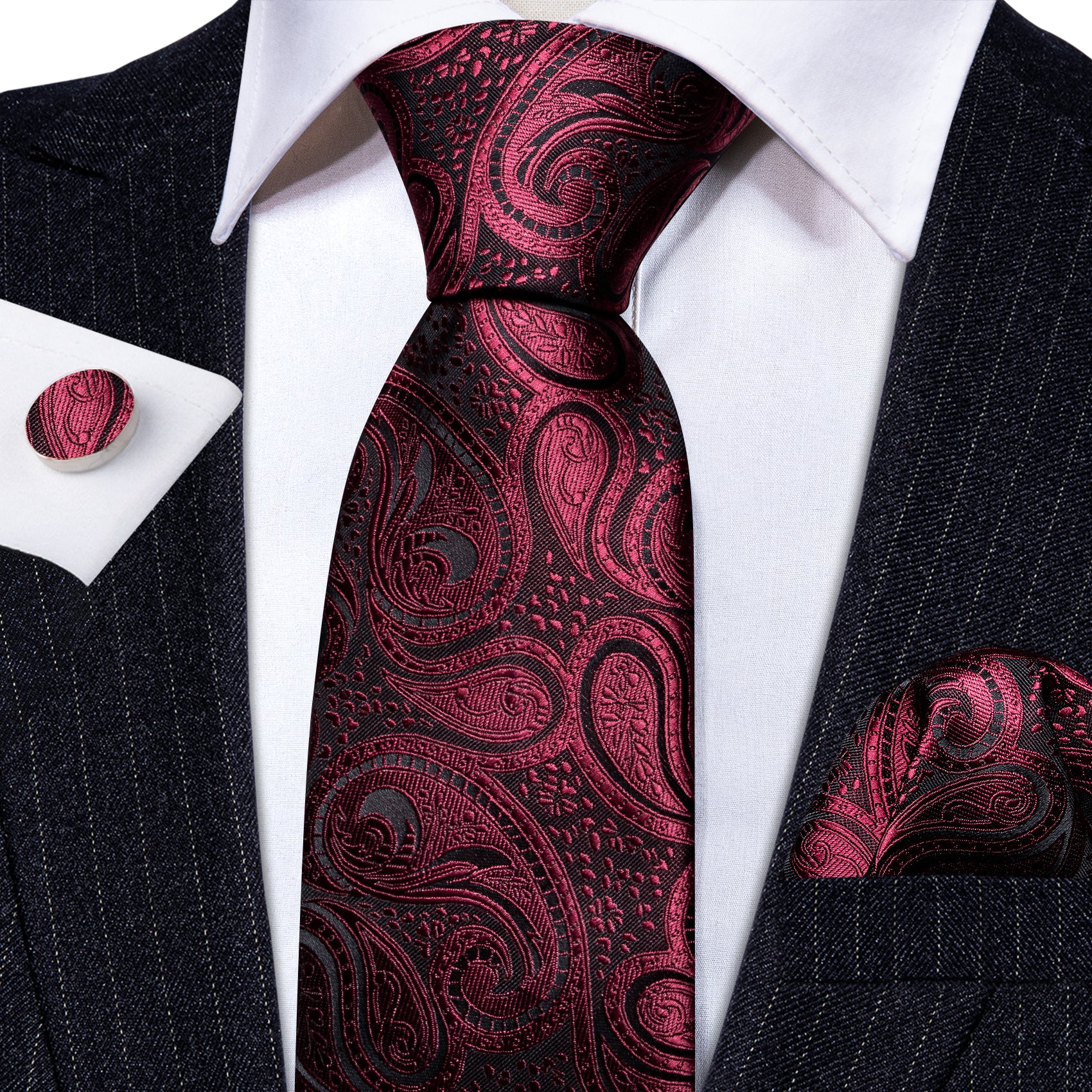 Formal Red Black Paisley Silk Tie Handkerchief Cufflinks Set