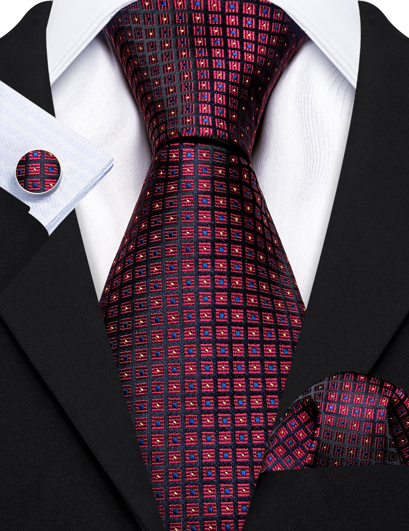 Burgundy Red Black Plaid Silk Tie Handkerchief Cufflinks Set