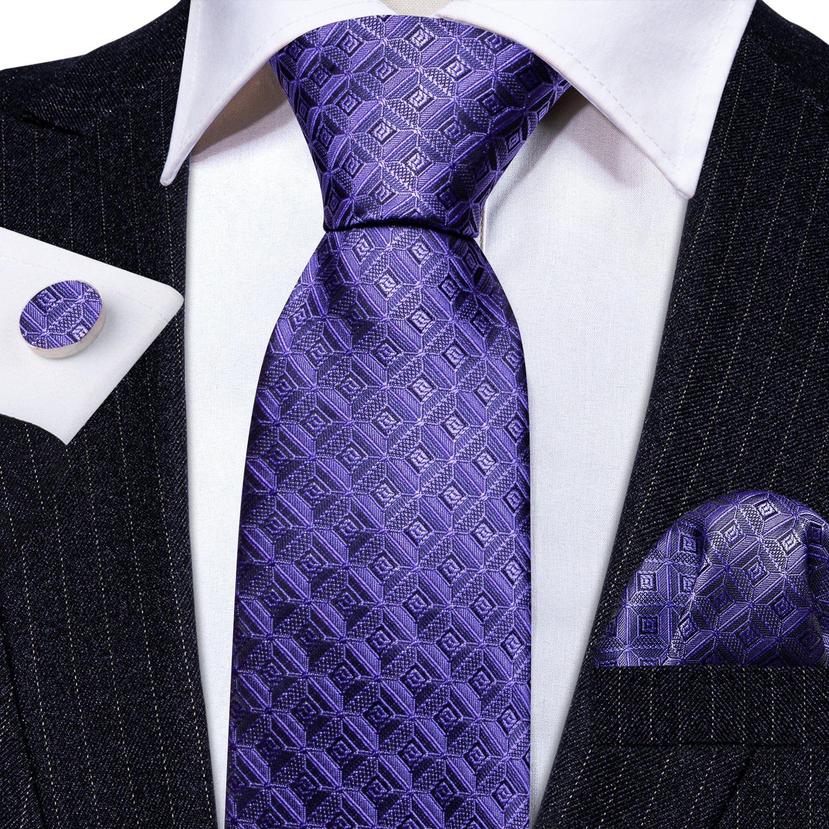 Novetly Purple Plaid Silk Tie Handkerchief Cufflinks Set