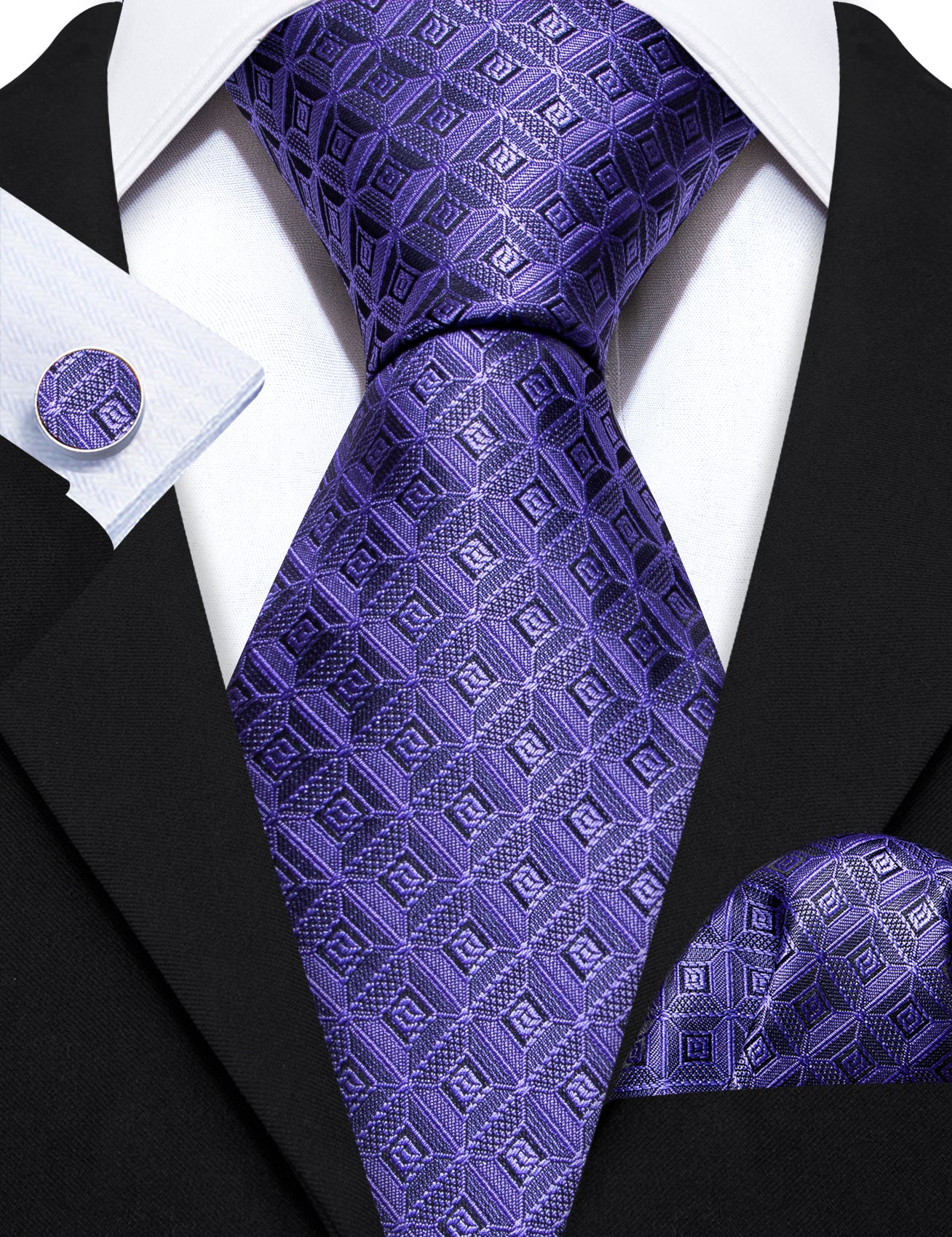 Novetly Purple Plaid Silk Tie Handkerchief Cufflinks Set