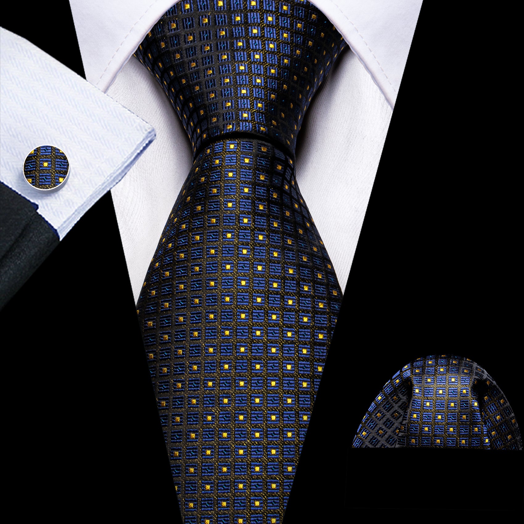 Blue Yellow Plaid Paisley Silk Tie Handkerchief Cufflinks Set