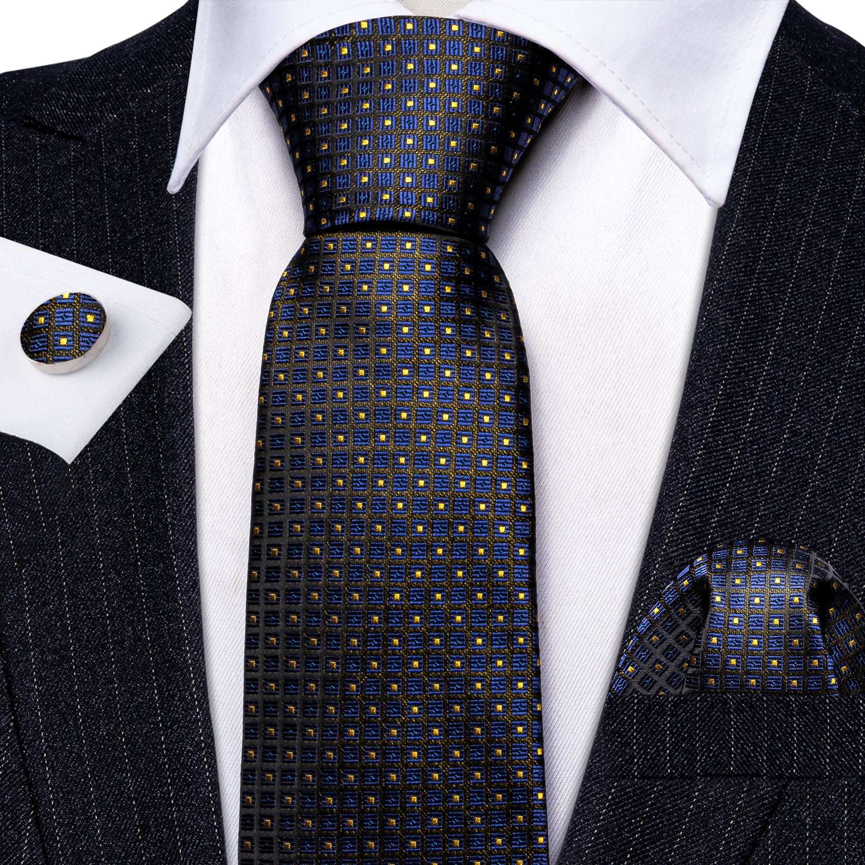 New Blue Yellow Plaid Paisley Silk Tie Handkerchief Cufflinks Set