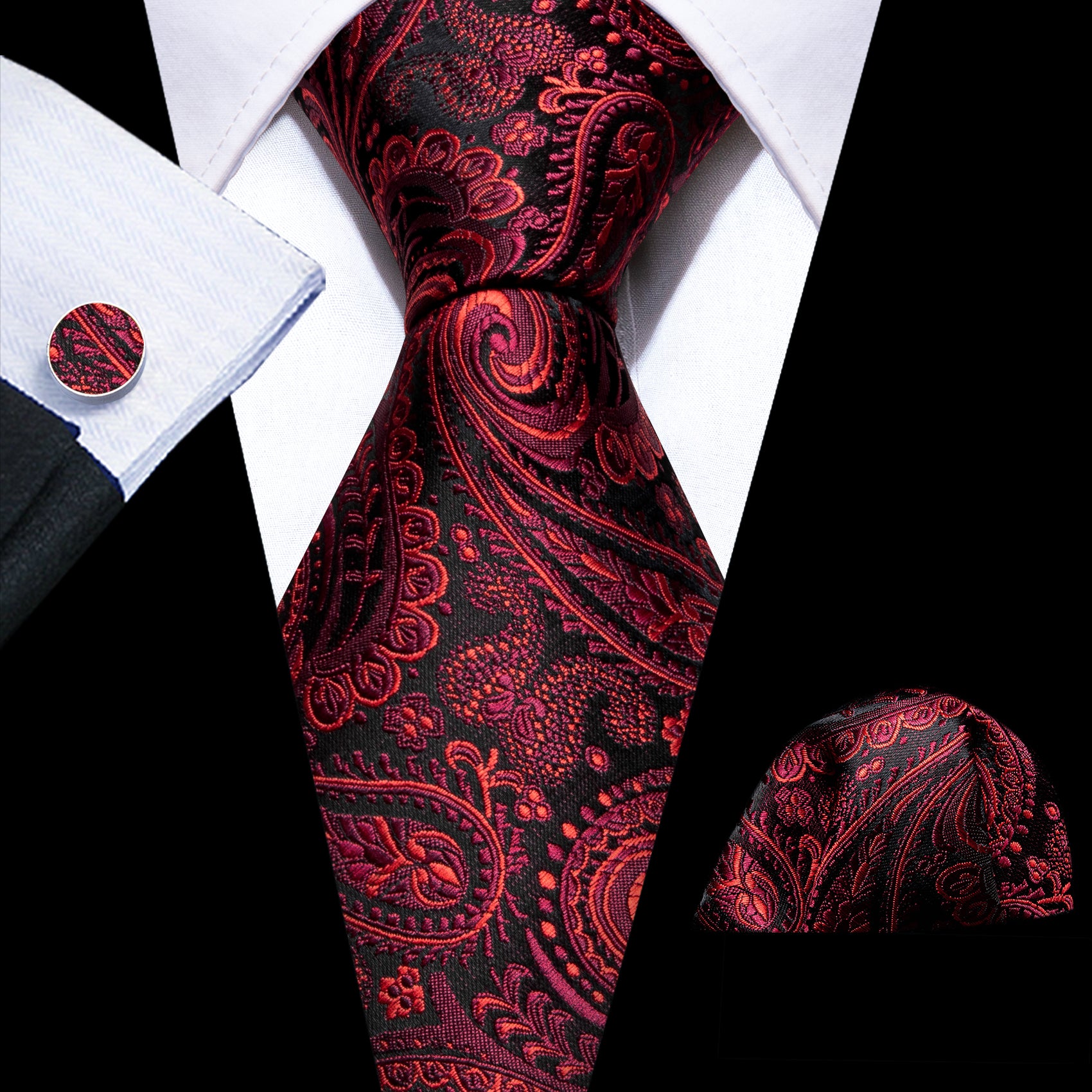 True Red Paisley Silk Tie Handkerchief Cufflinks Set