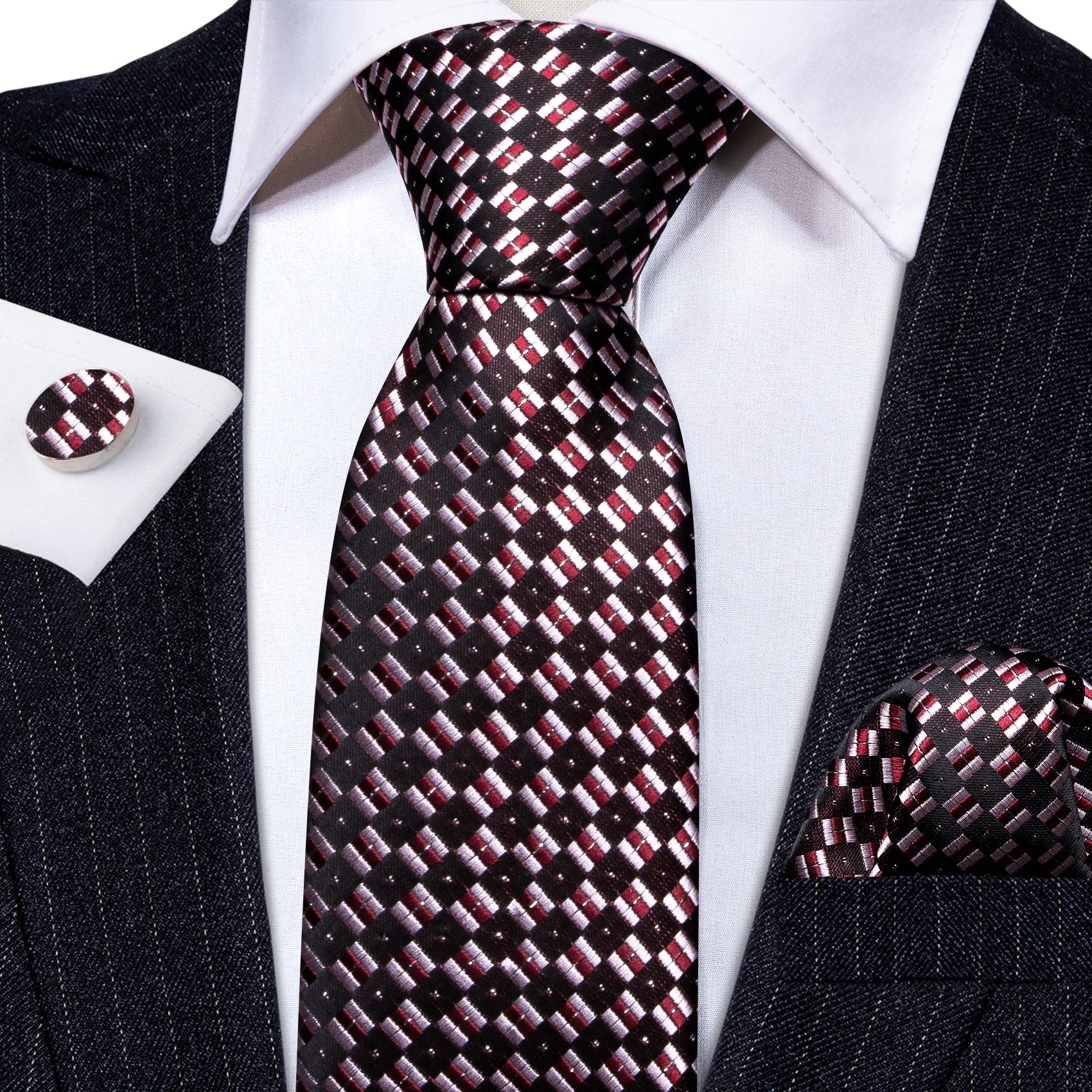 Black Pink Plaid Silk Tie Handkerchief Cufflinks Set