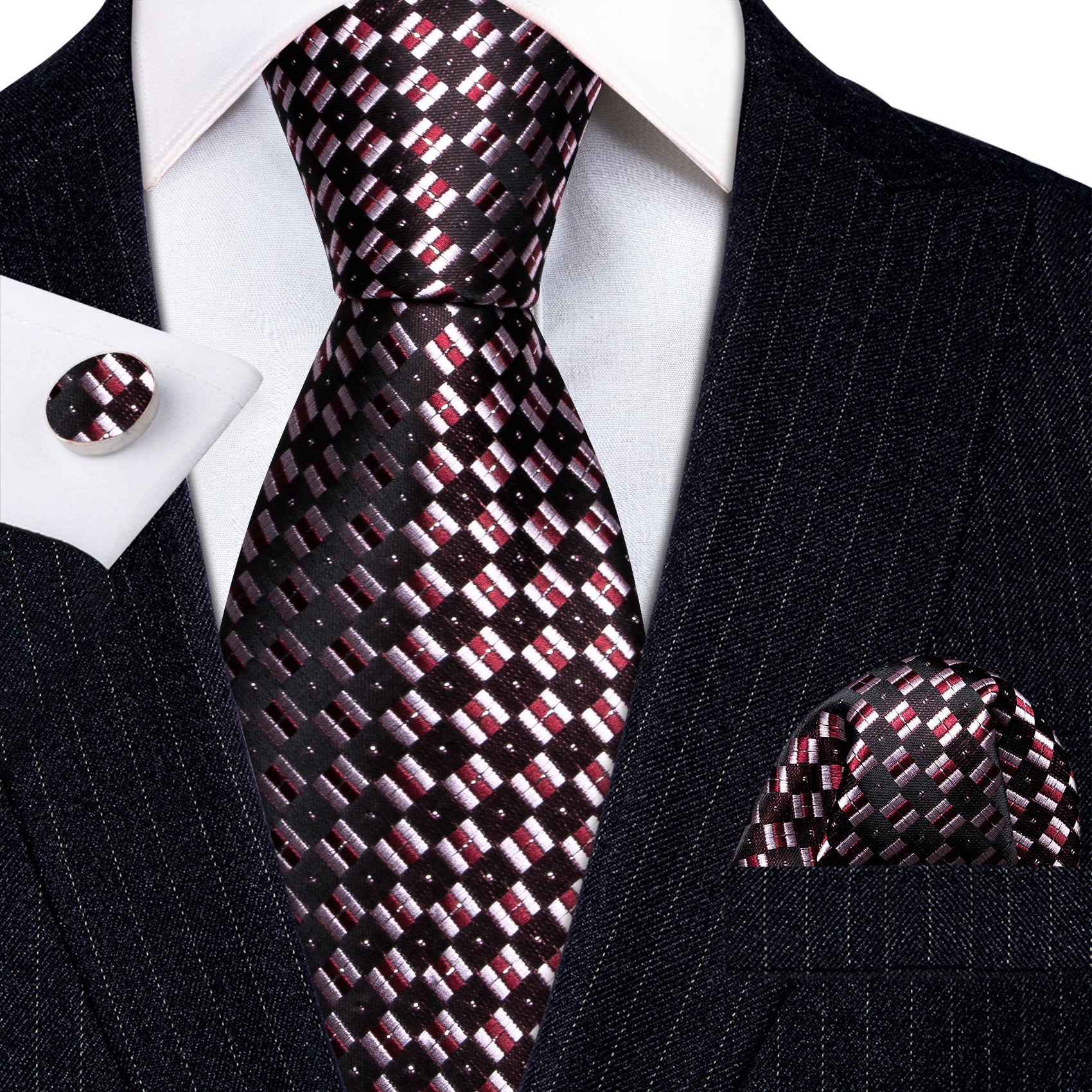 Black Pink Plaid Silk Tie Handkerchief Cufflinks Set