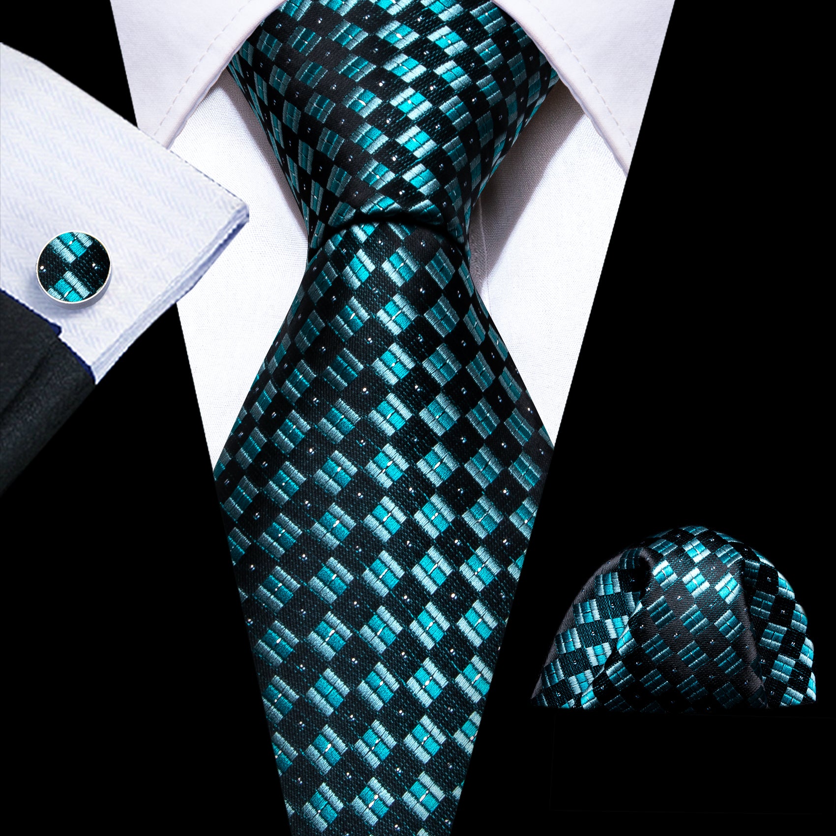 Blue Black Plaid Silk Tie Handkerchief Cufflinks Set