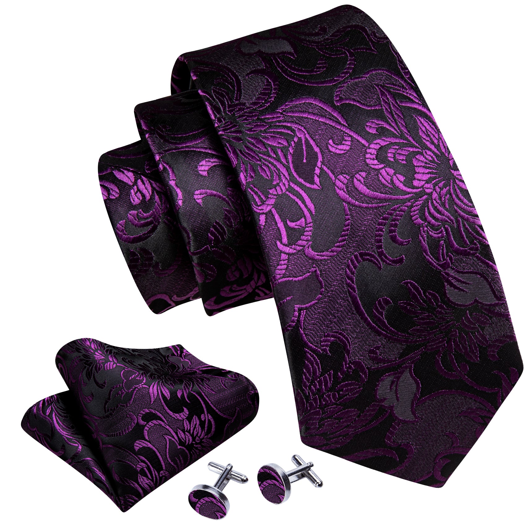 New Purple Black Paisley Silk Tie Handkerchief Cufflinks Set
