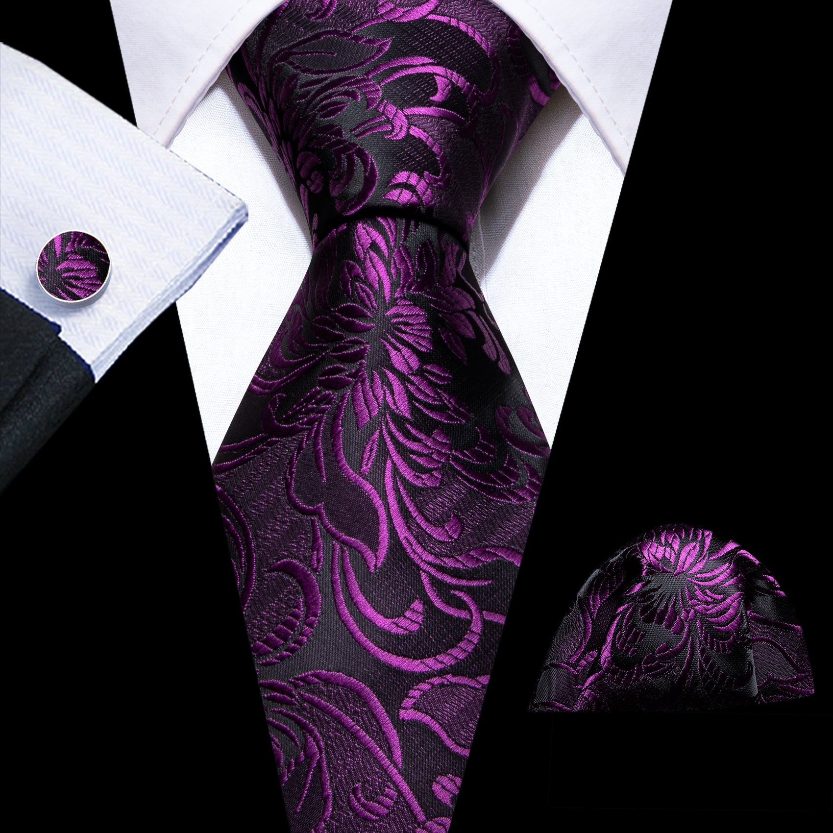 New Purple Black Paisley Silk Tie Handkerchief Cufflinks Set