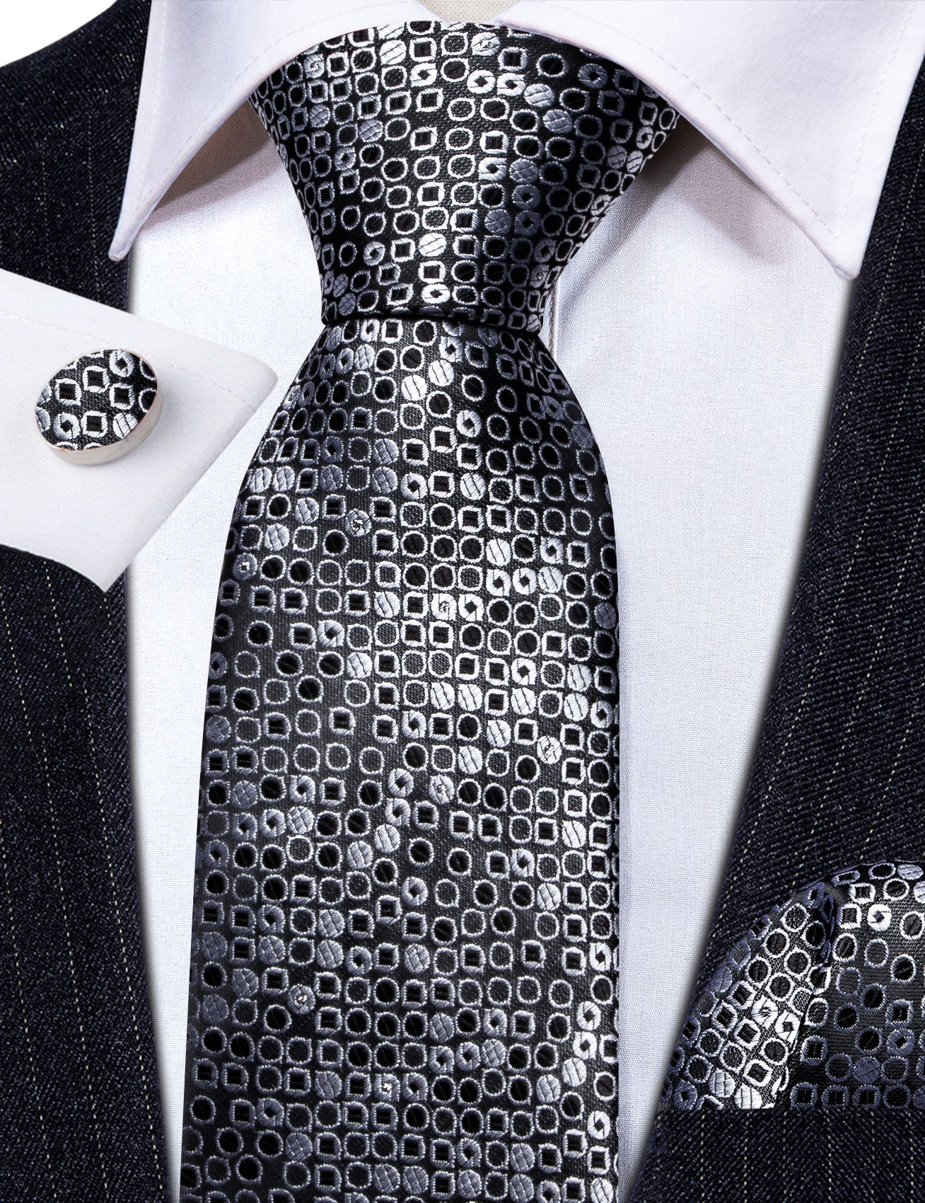 Black White Round Floral Silk Tie Handkerchief Cufflinks Set