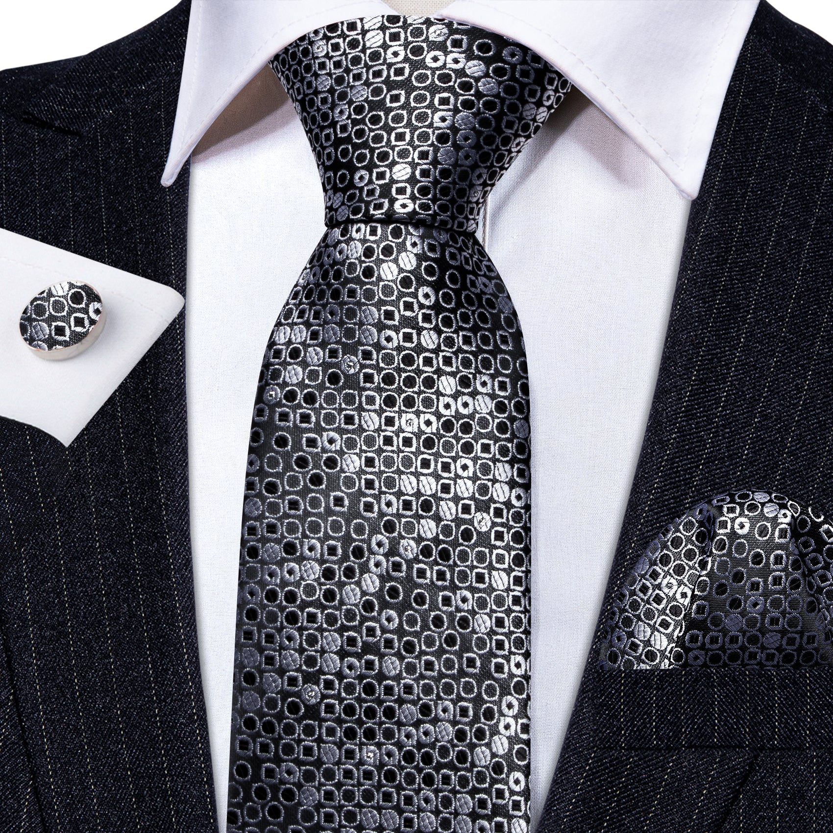 Black White Round Floral Silk Tie Handkerchief Cufflinks Set