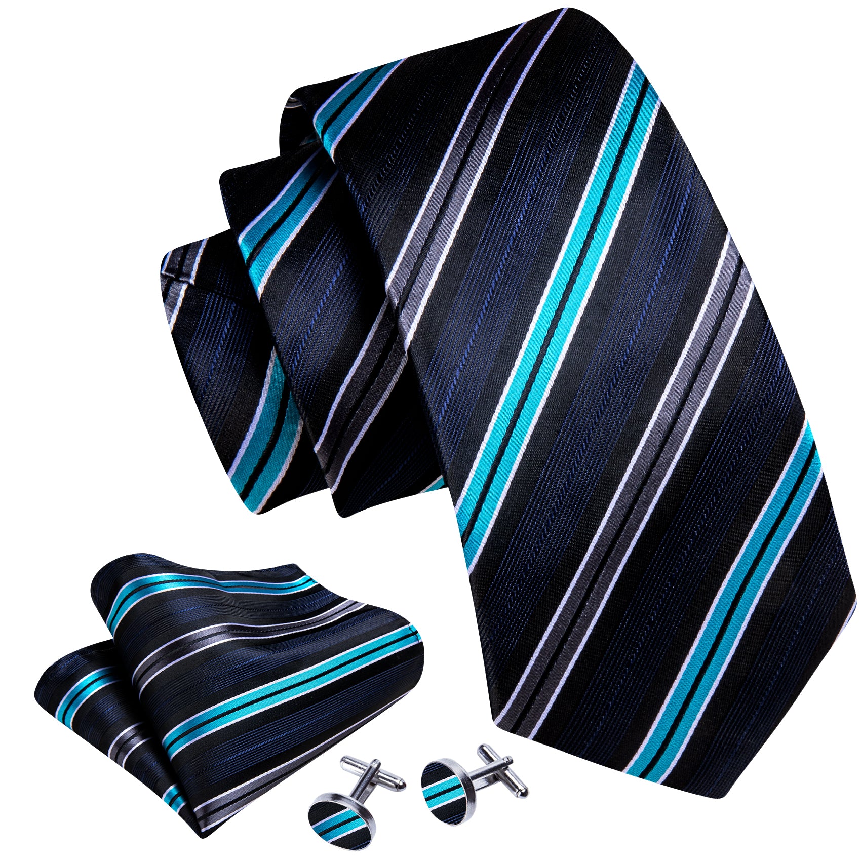 Formal Blue Grey Striped Silk Tie Handkerchief Cufflinks Set