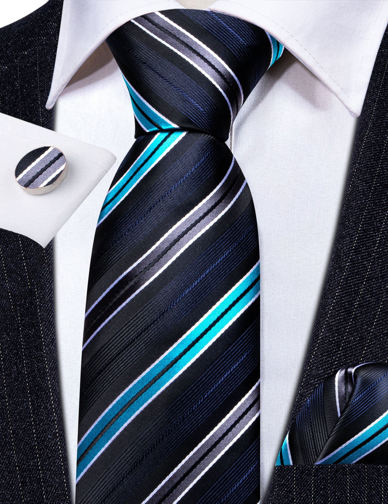 Formal Blue Grey Striped Silk Tie Handkerchief Cufflinks Set