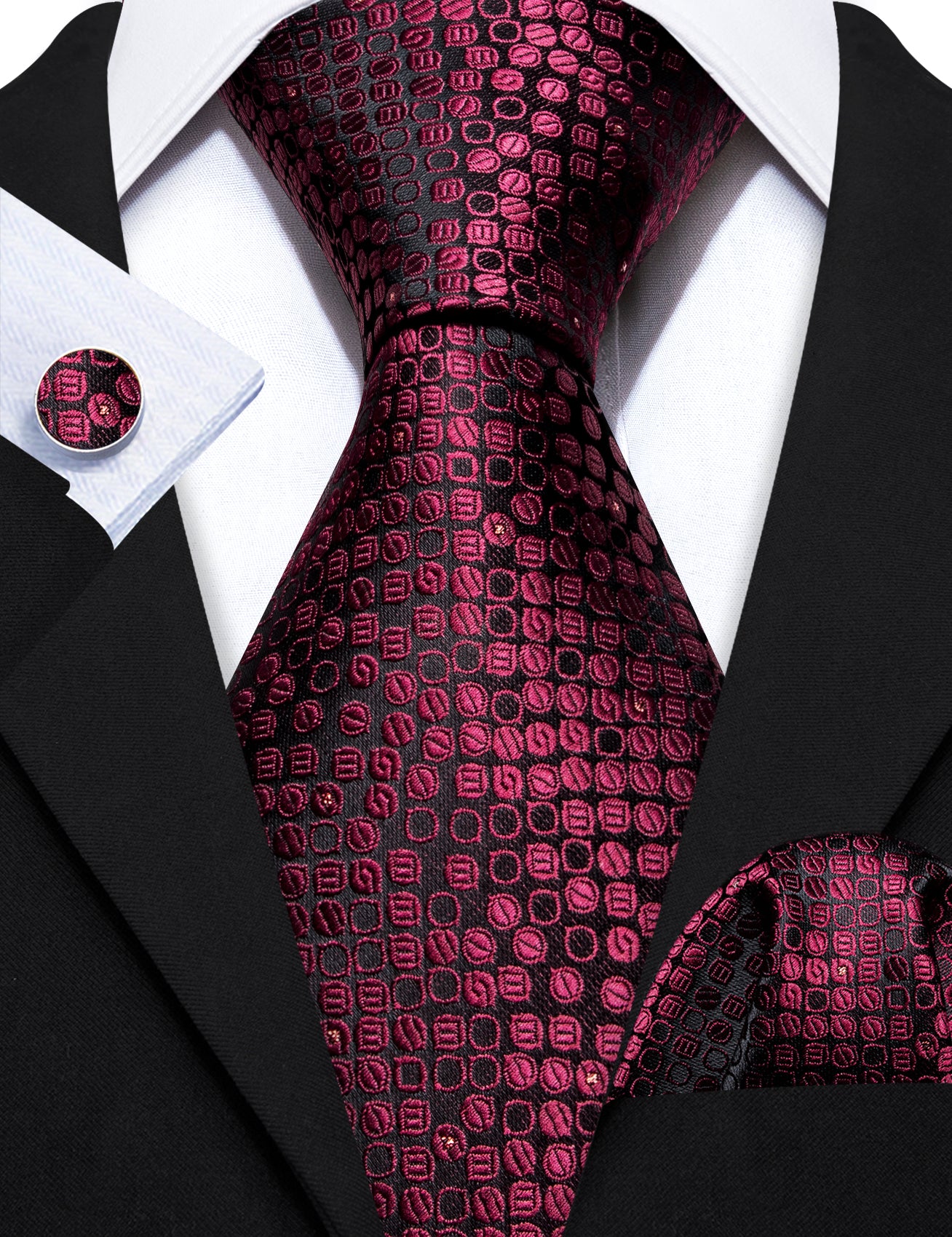 Red Black Round Floral Silk Tie Handkerchief Cufflinks Set