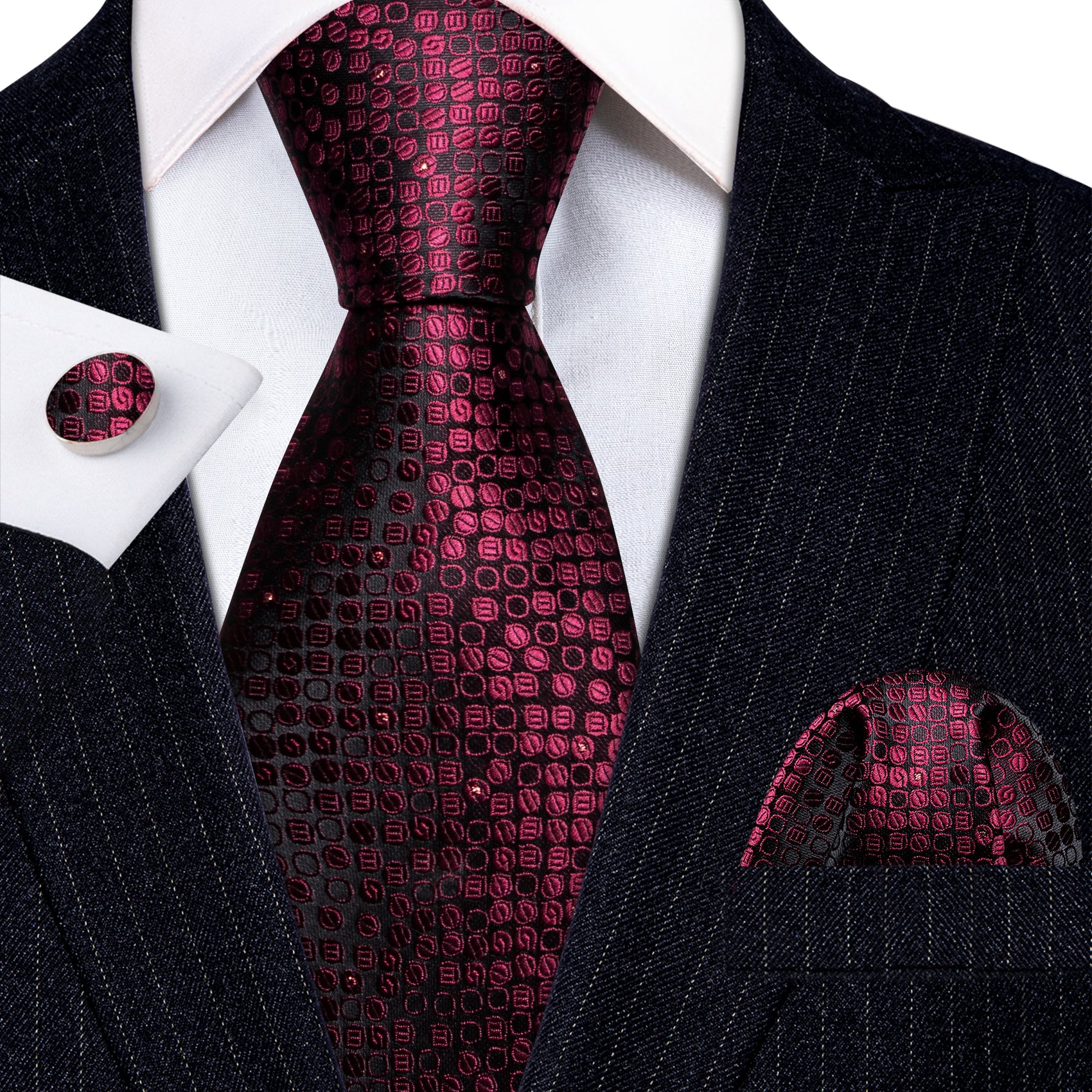 Red Black Round Floral Silk Tie Handkerchief Cufflinks Set