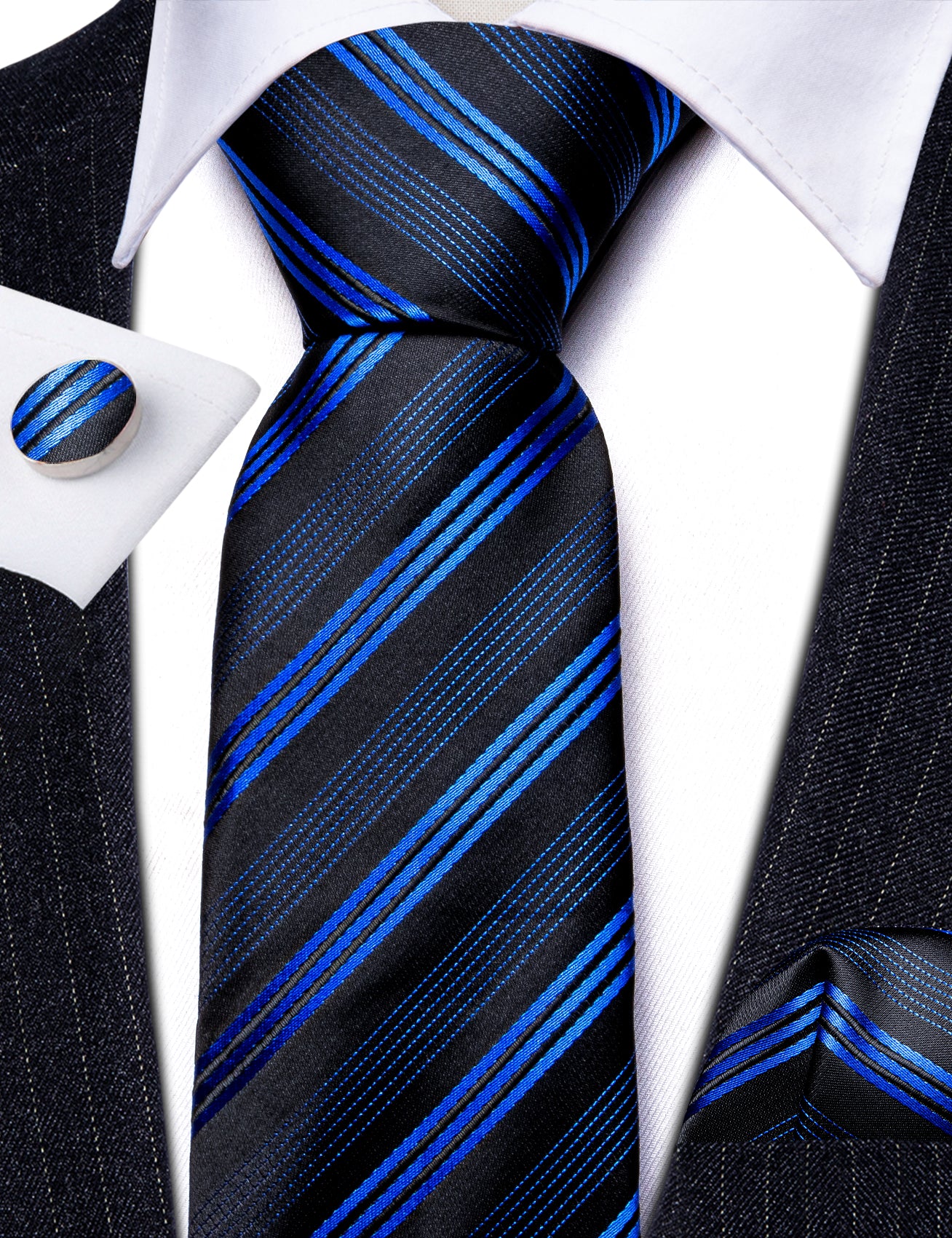 Black Blue Striped Silk Tie Handkerchief Cufflinks Set