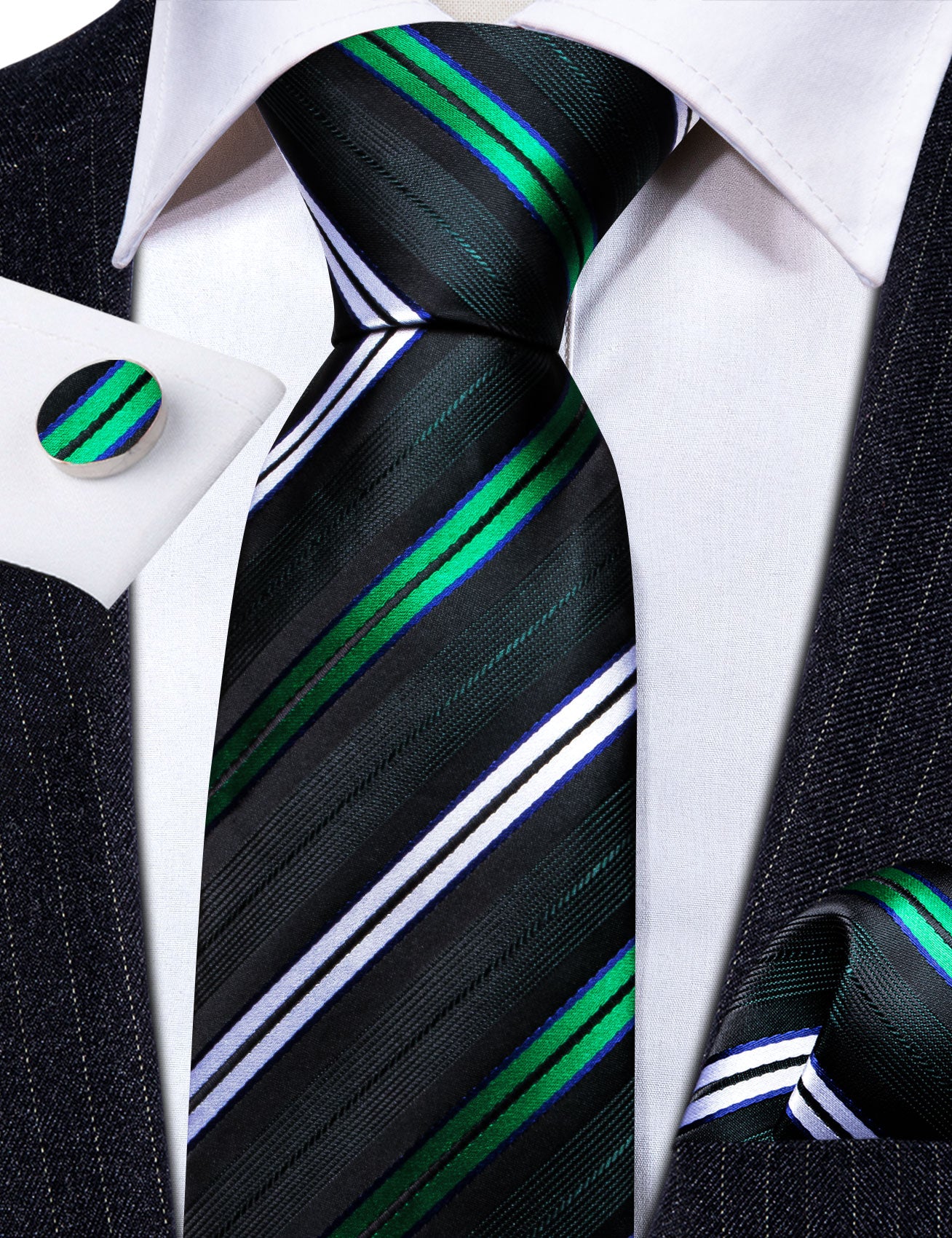 Green White Striped Silk Tie Handkerchief Cufflinks Set