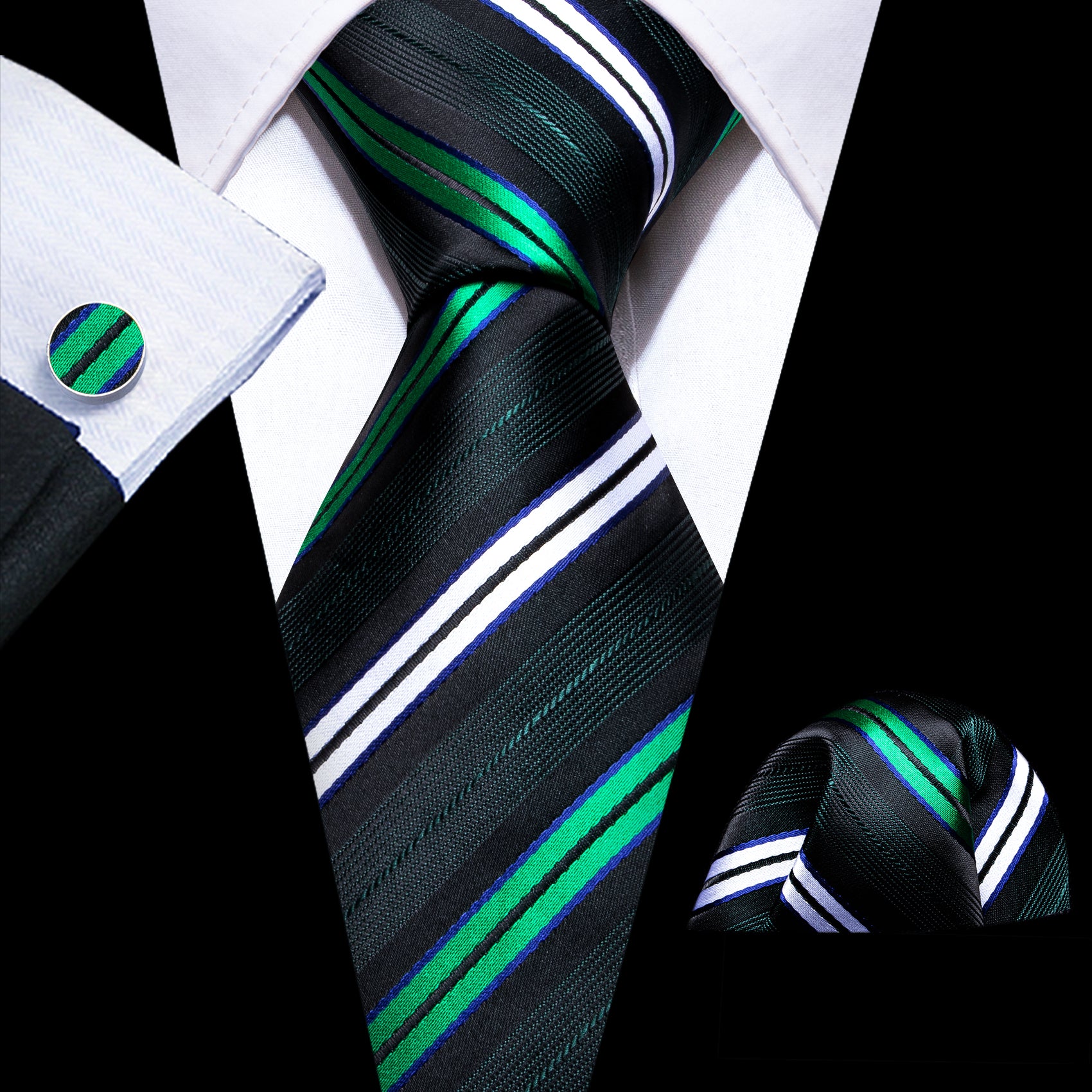 Green White Striped Silk Tie Handkerchief Cufflinks Set