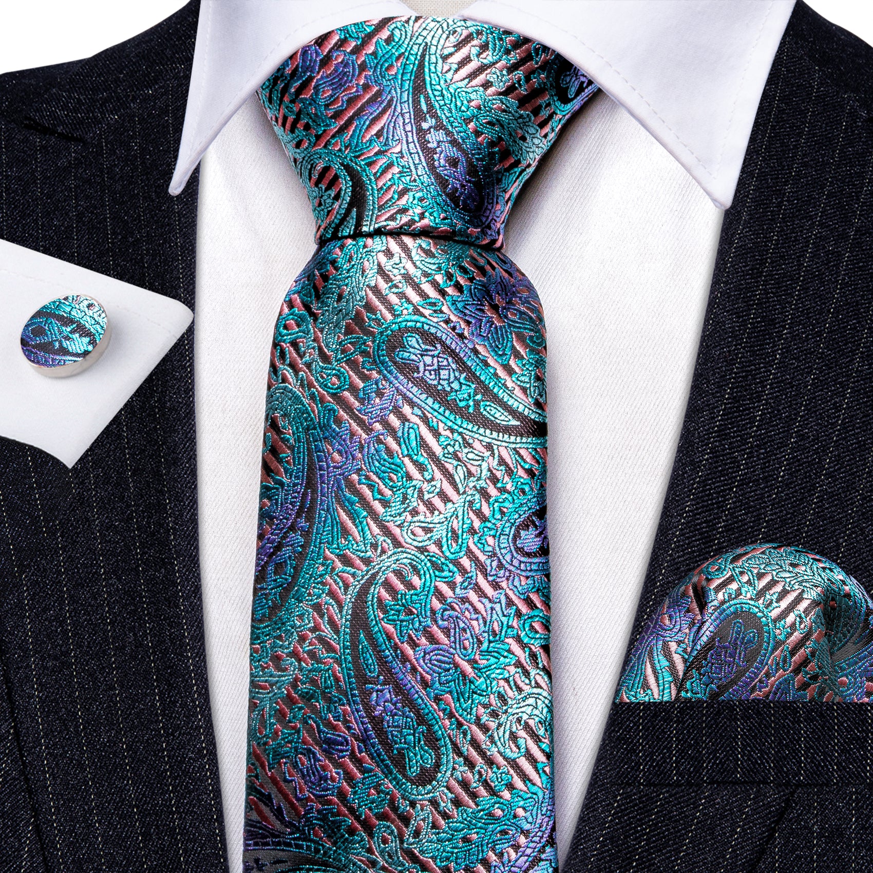 Shining Blue Purple Paisley Silk Tie Handkerchief Cufflinks Set