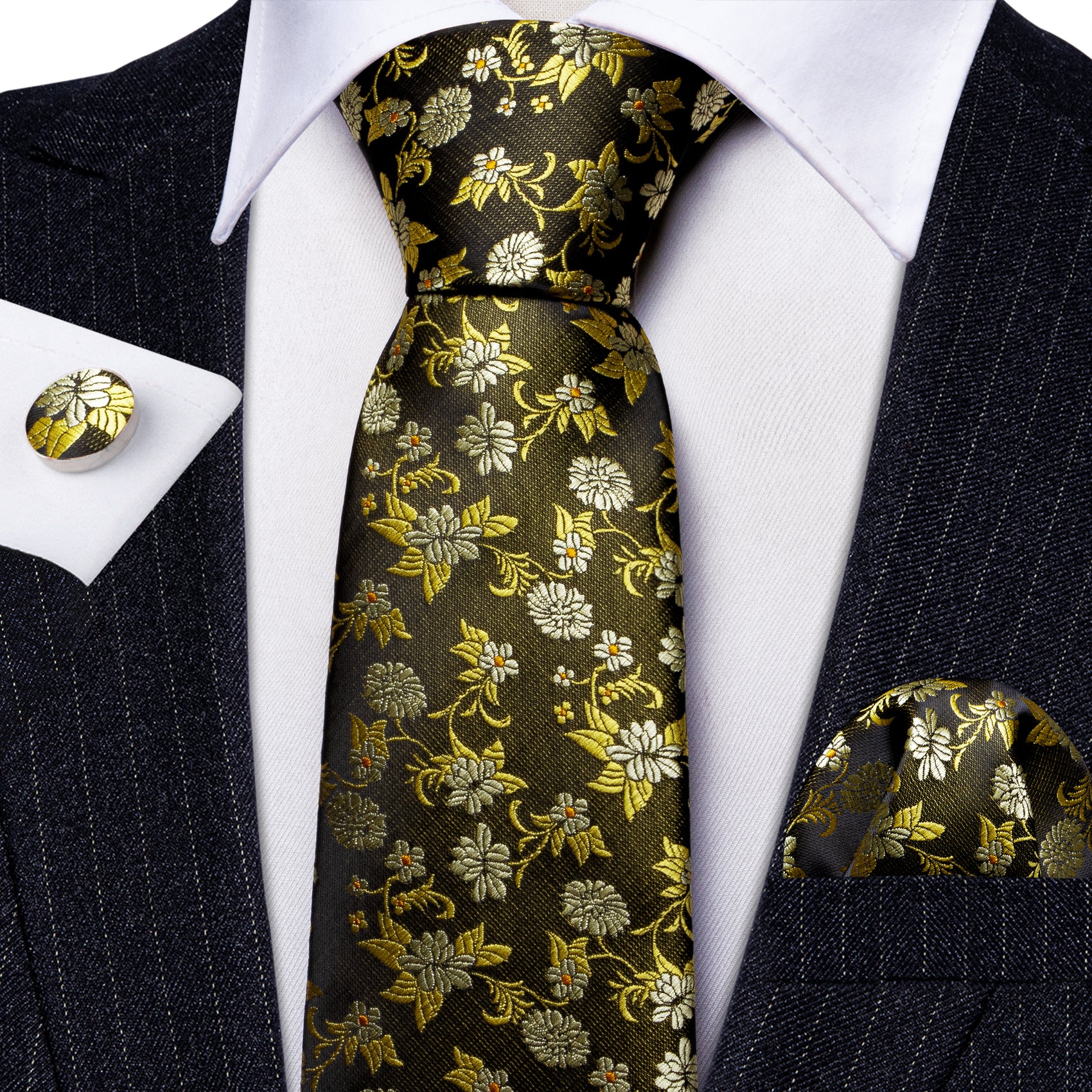 Shining Green Yellow Flower Silk Tie Handkerchief Cufflinks Set