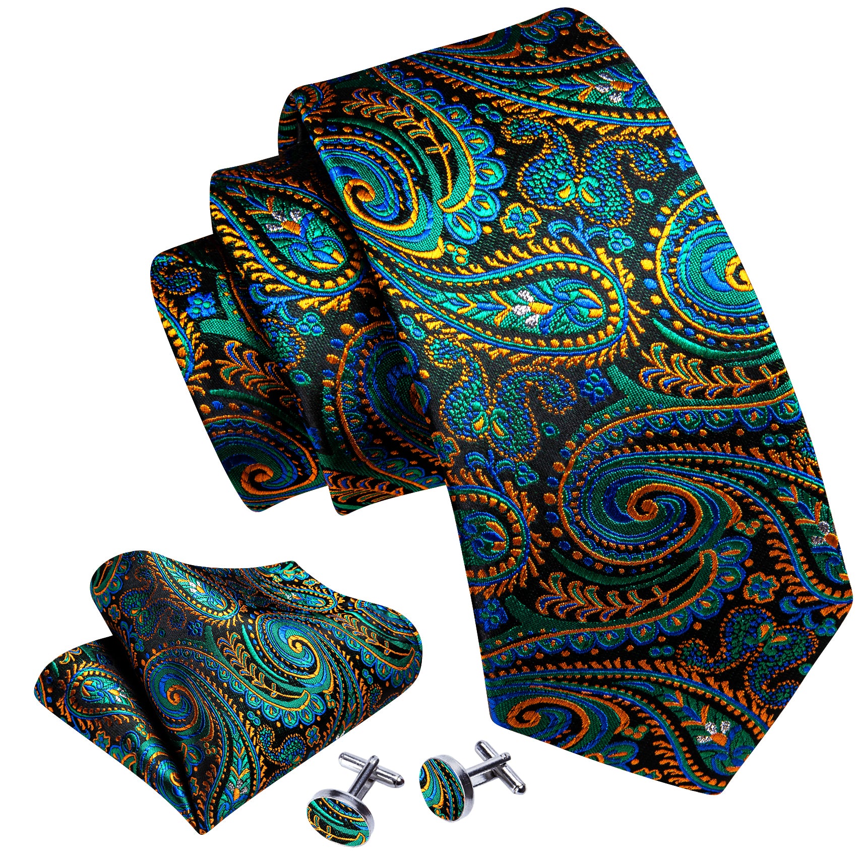 Barry Wang Green Yellow Paisley Silk Tie Handkerchief Cufflinks Set