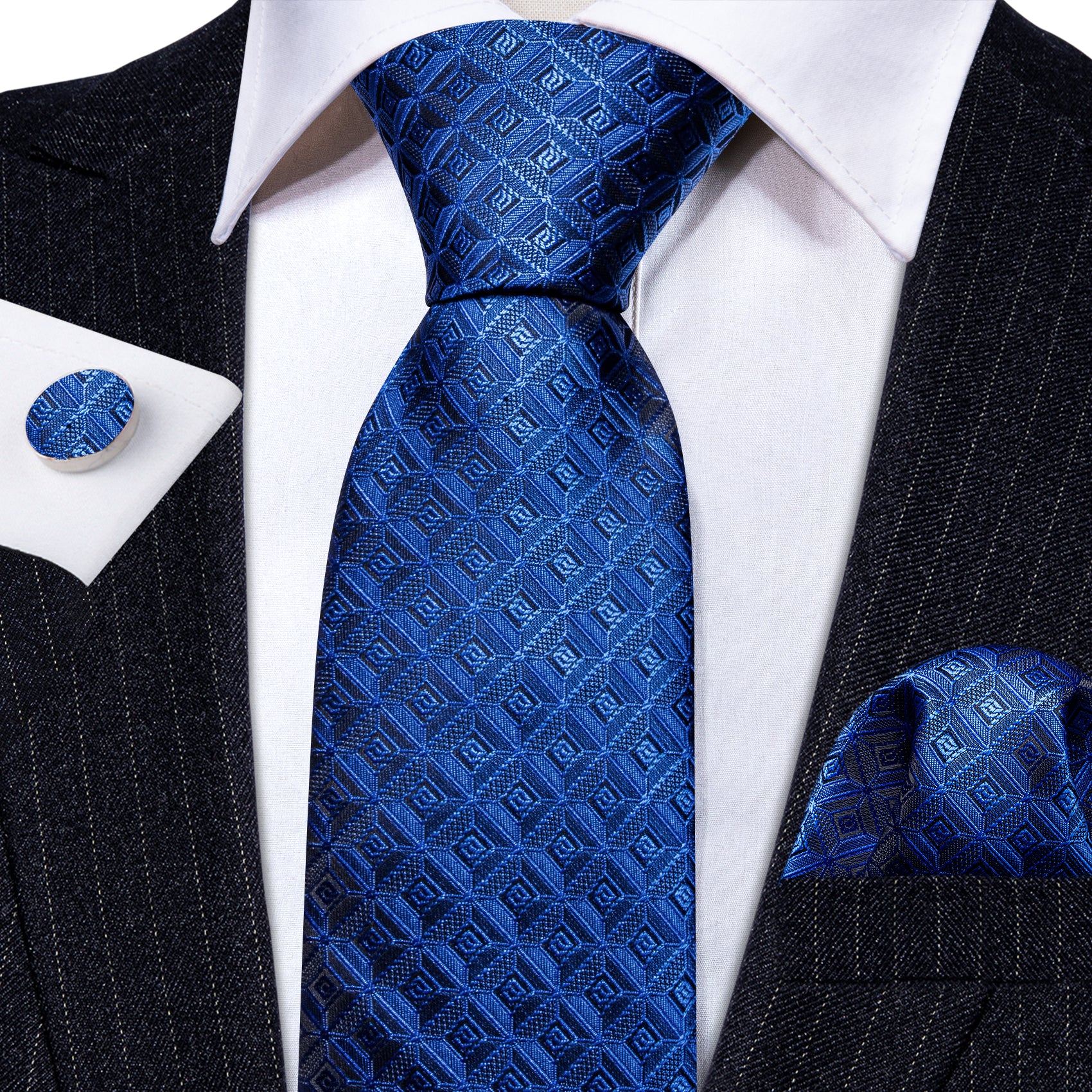 Novetly Blue Plaid Silk Tie Handkerchief Cufflinks Set