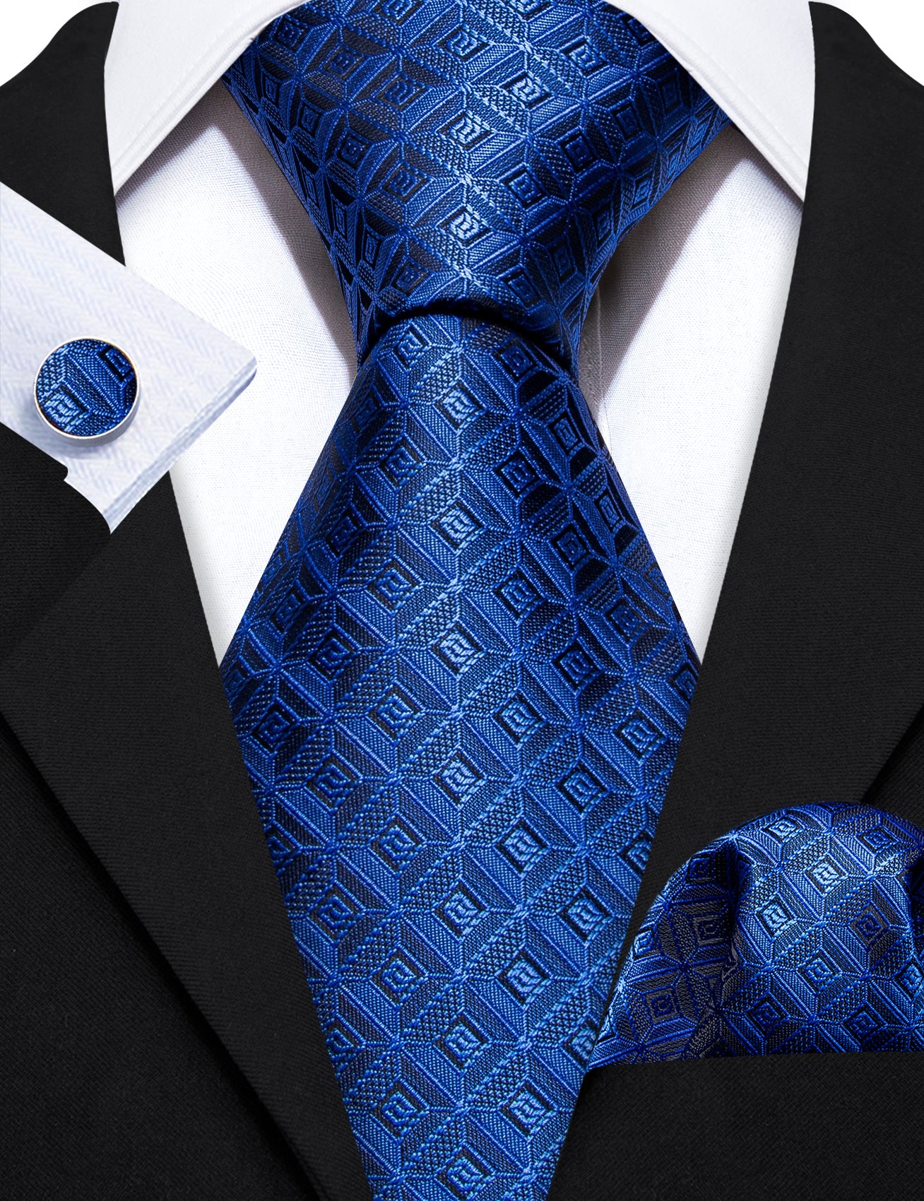 Novetly Blue Plaid Silk Tie Handkerchief Cufflinks Set
