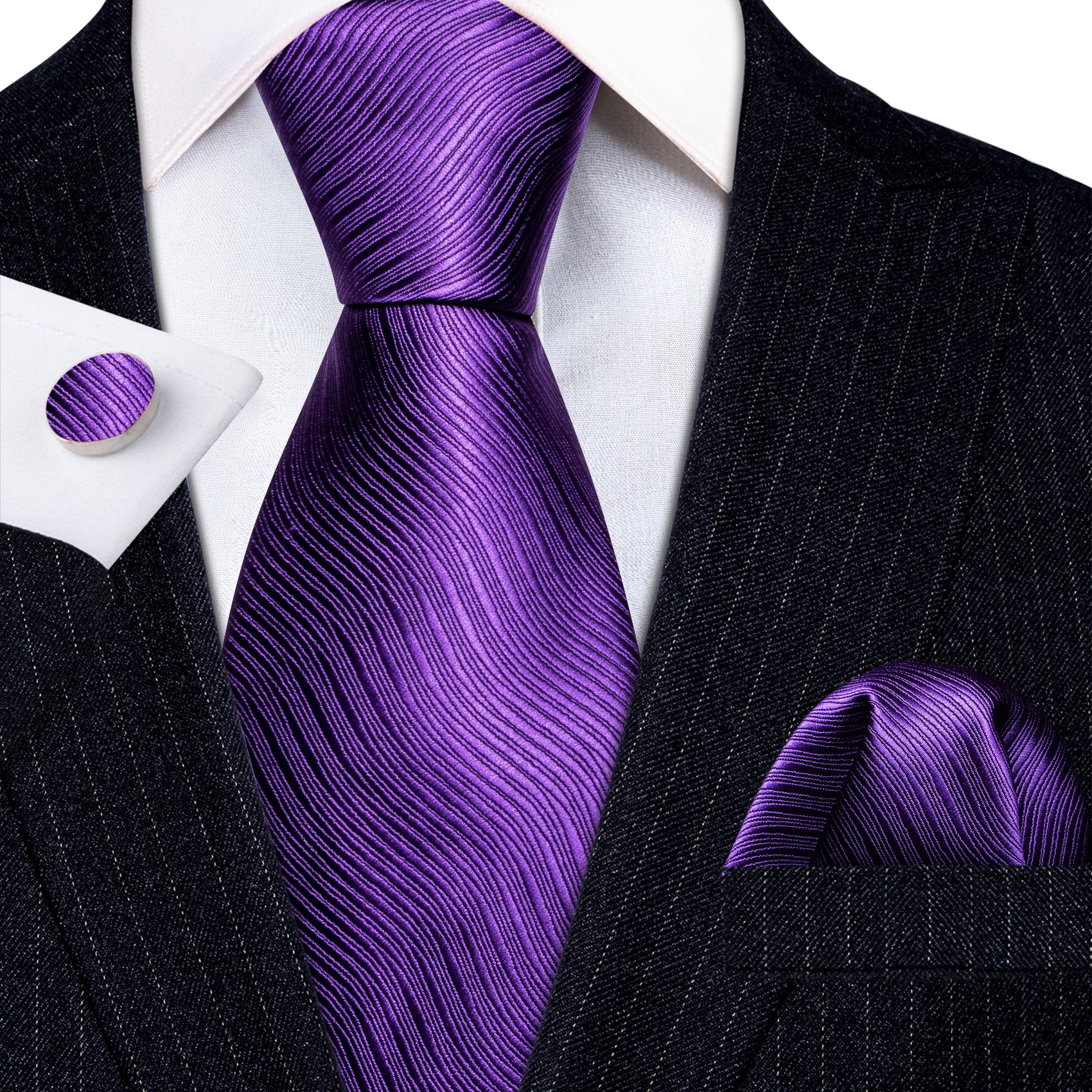 Purple Solid Silk Tie Handkerchief Cufflinks Set