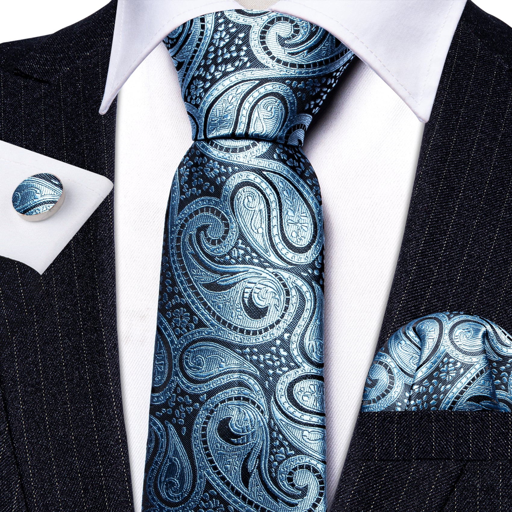 Light Blue Paisley Silk Tie Handkerchief Cufflinks Set For Men