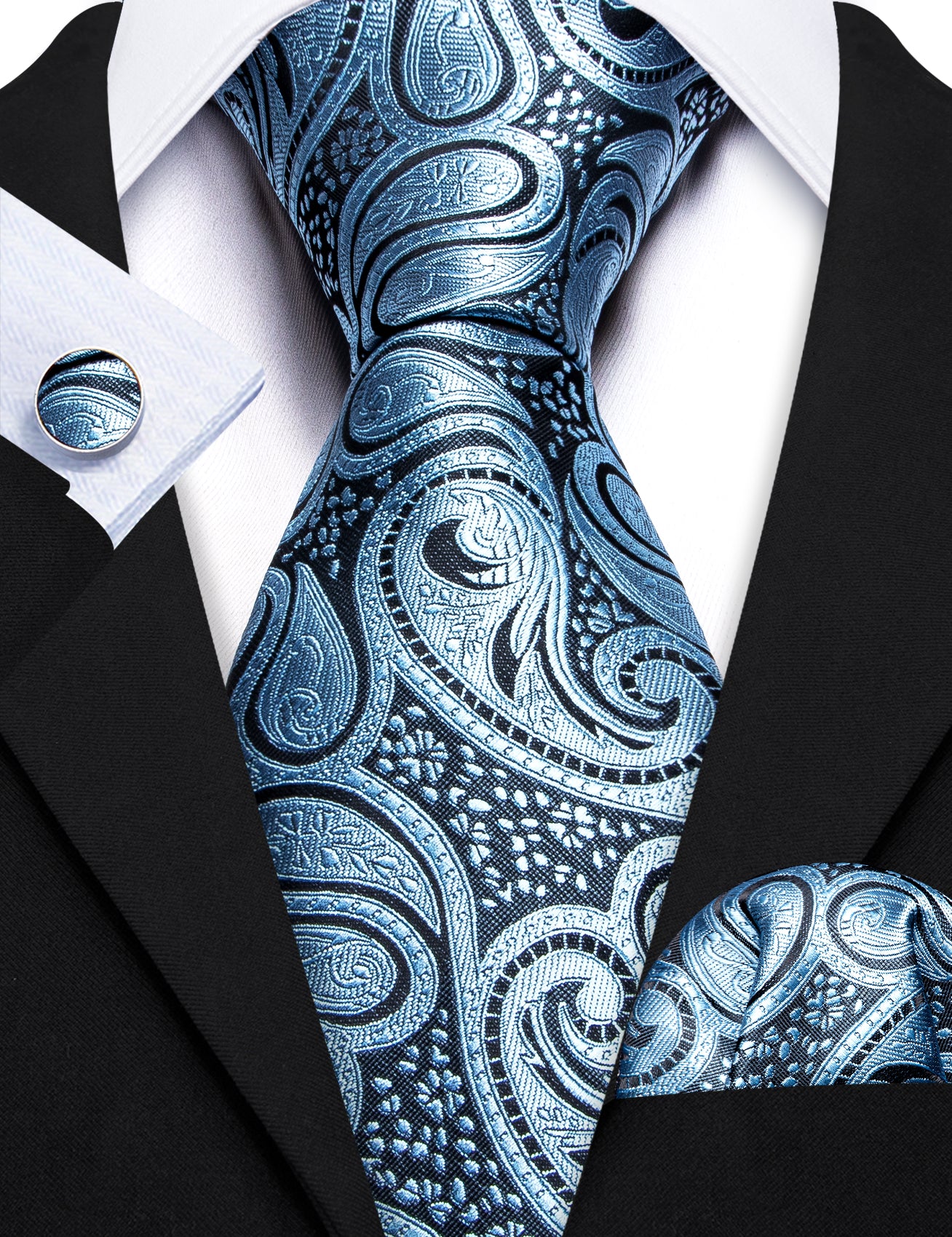 Light Blue Paisley Silk Tie Handkerchief Cufflinks Set For Men