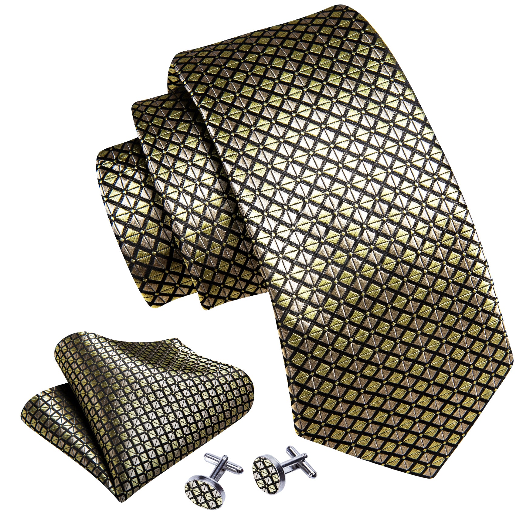 Yellow Black Plaid Silk Tie Handkerchief Cufflinks Set