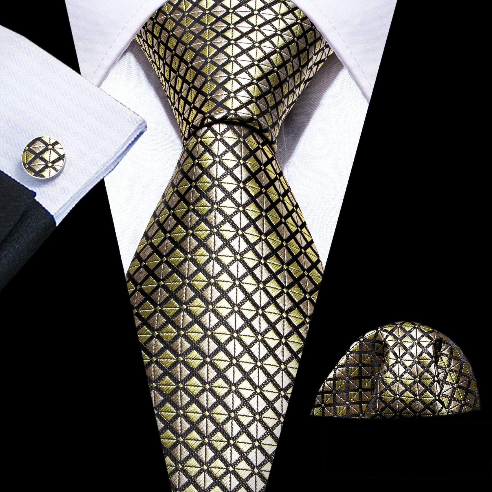 Yellow Black Plaid Silk Tie Handkerchief Cufflinks Set