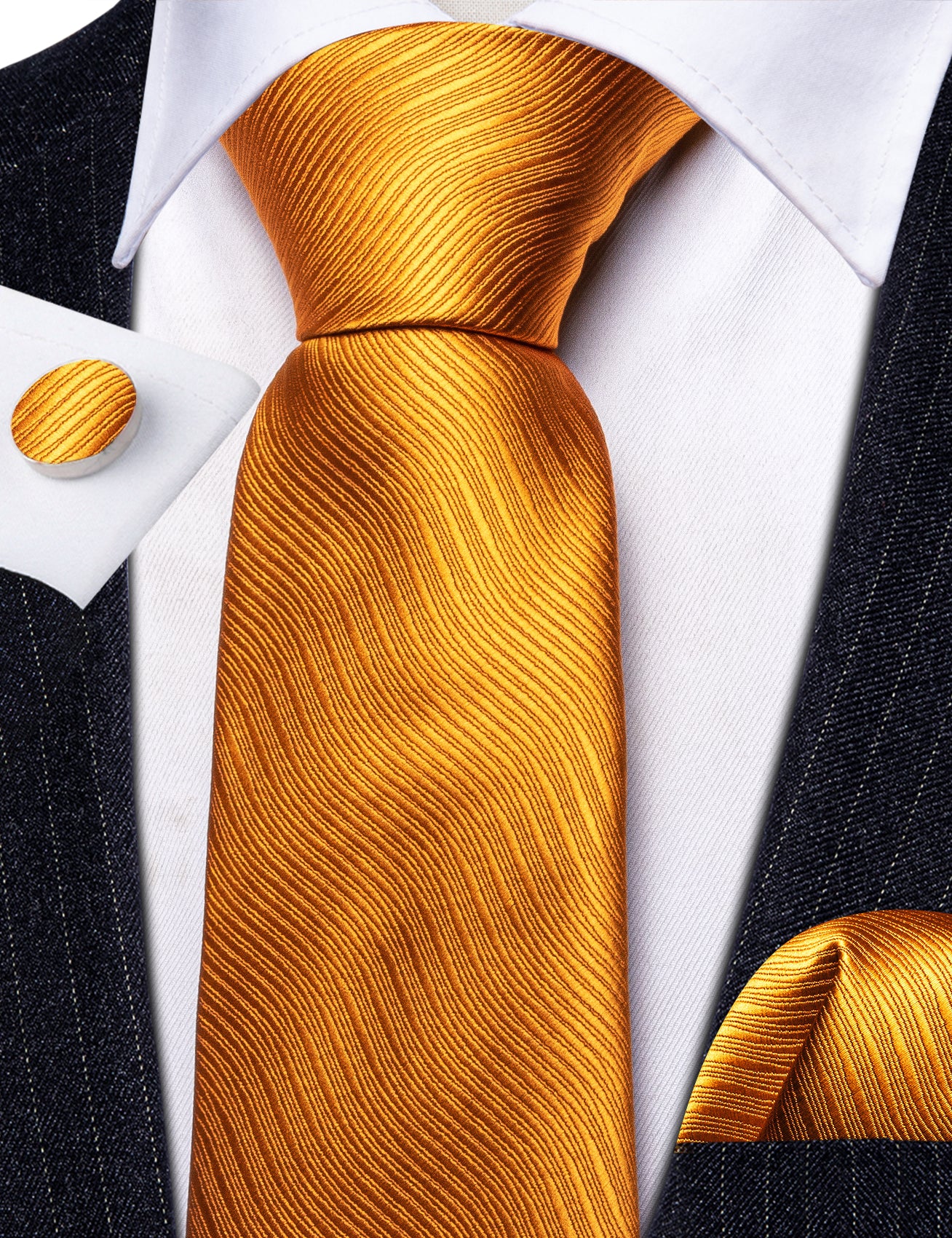 Bright Orange Solid Silk Tie Handkerchief Cufflinks Set