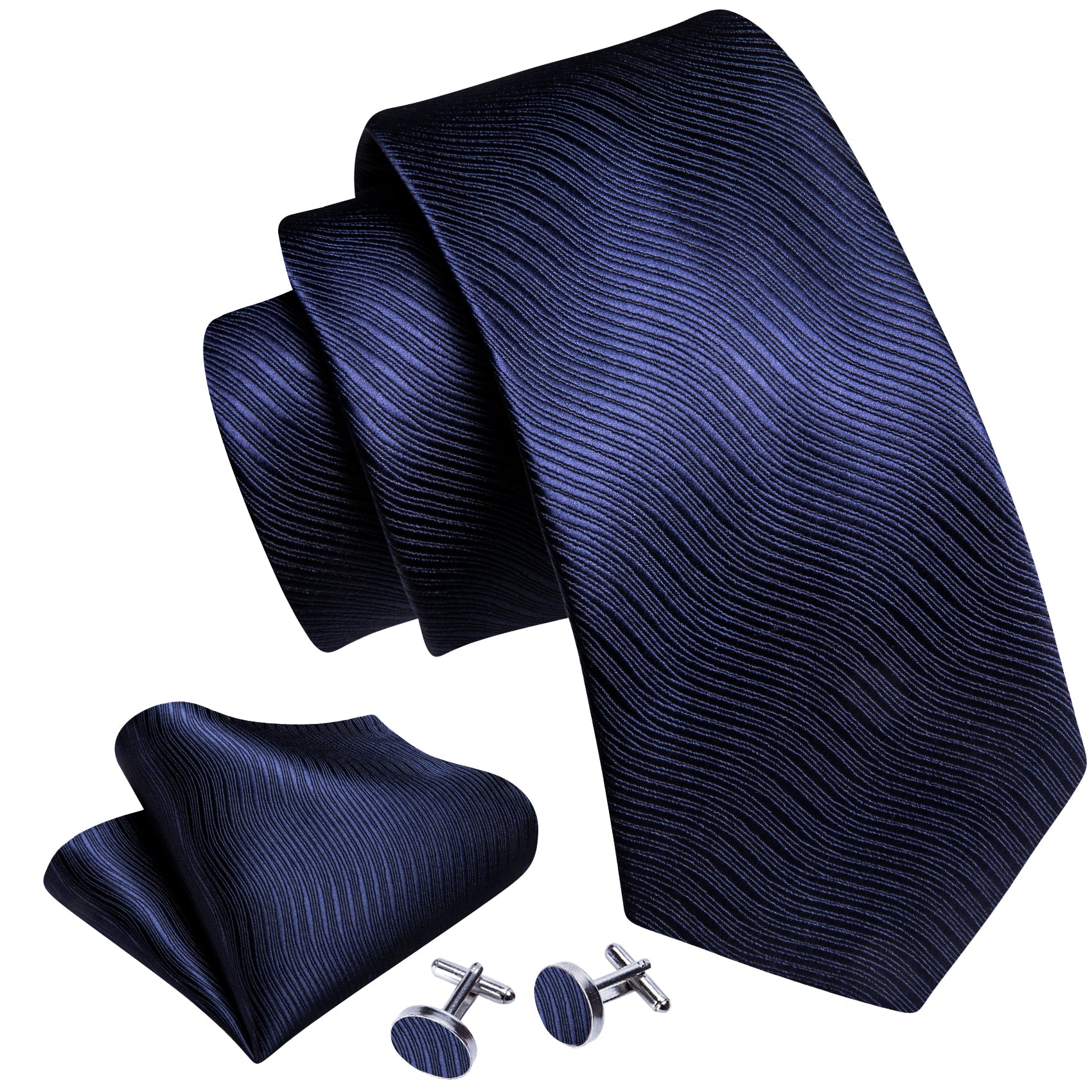 Blue Wave Solid Silk Tie Handkerchief Cufflinks Set