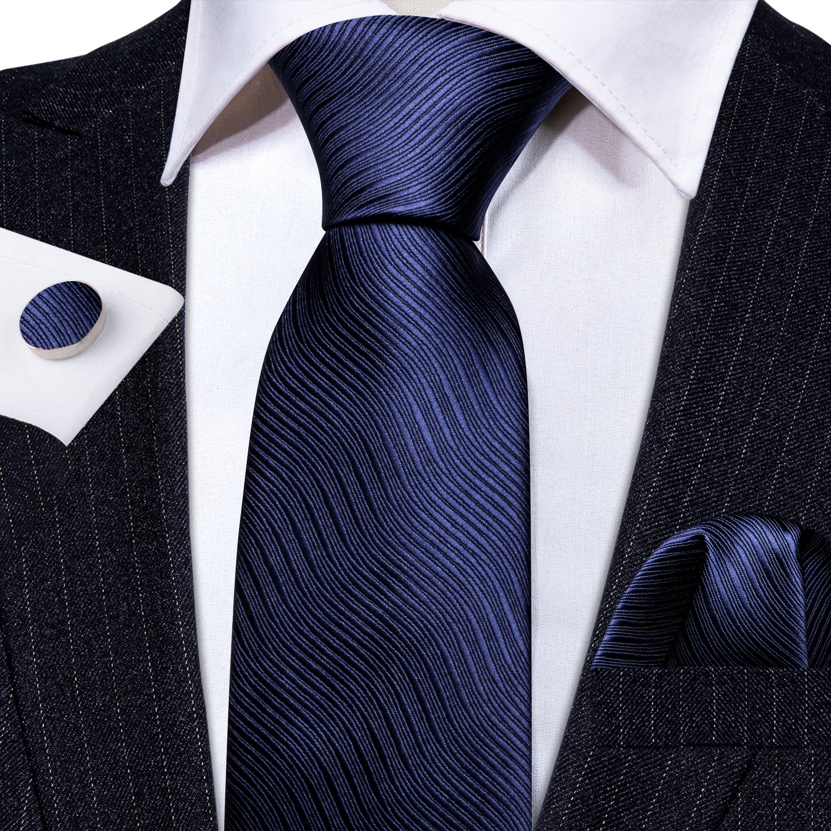 Blue Wave Solid Silk Tie Handkerchief Cufflinks Set