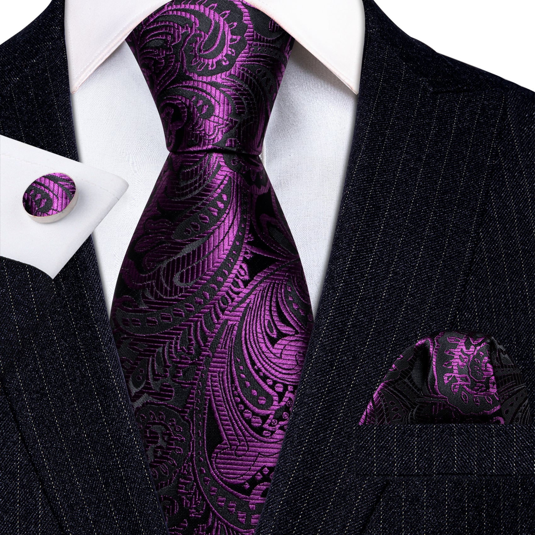 Luxury Purple Black Silk Tie Handkerchief Cufflinks Set