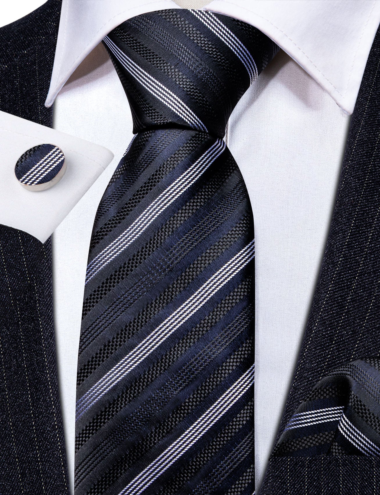 Black Grey Striped Silk Tie Handkerchief Cufflinks Set