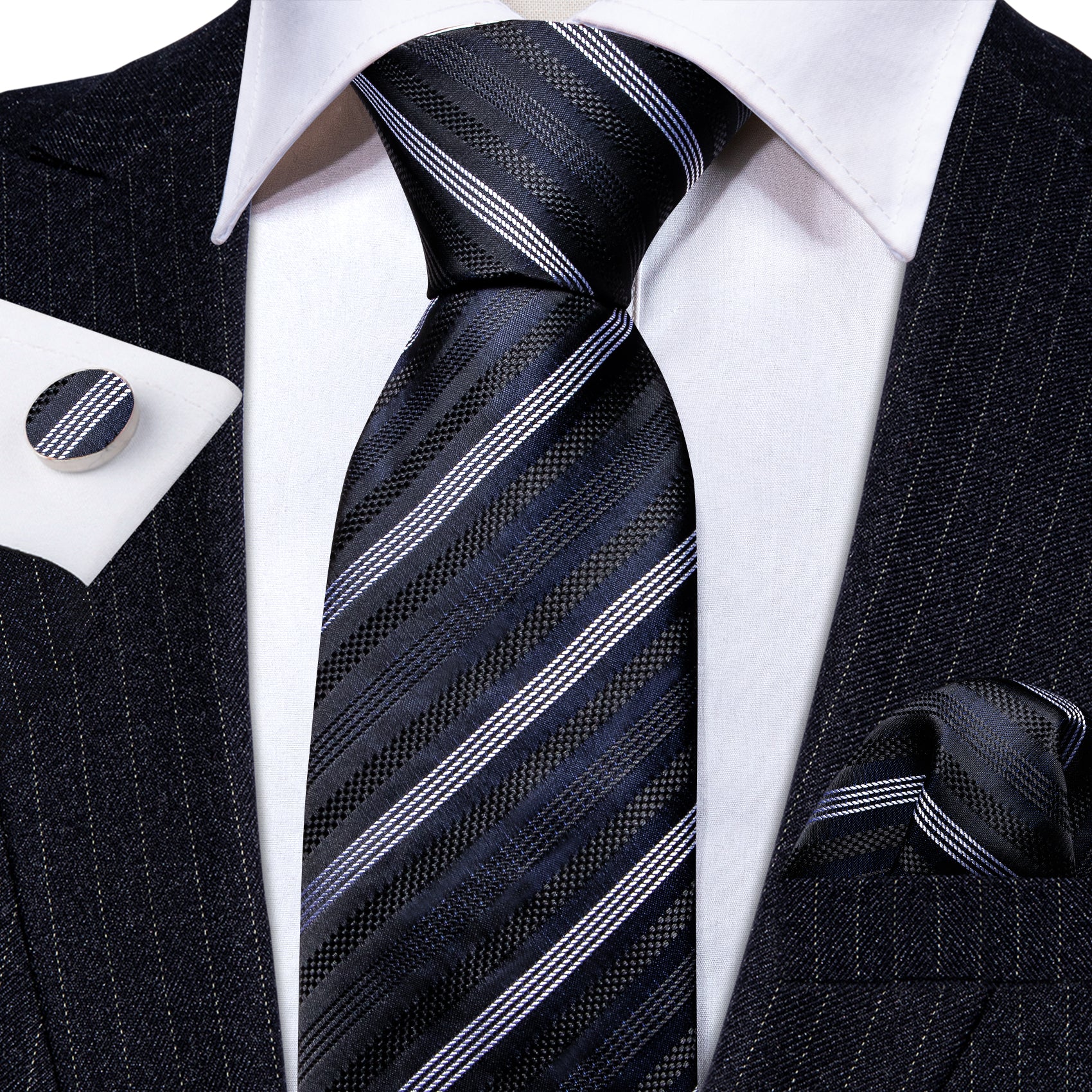 Black Grey Striped Silk Tie Handkerchief Cufflinks Set
