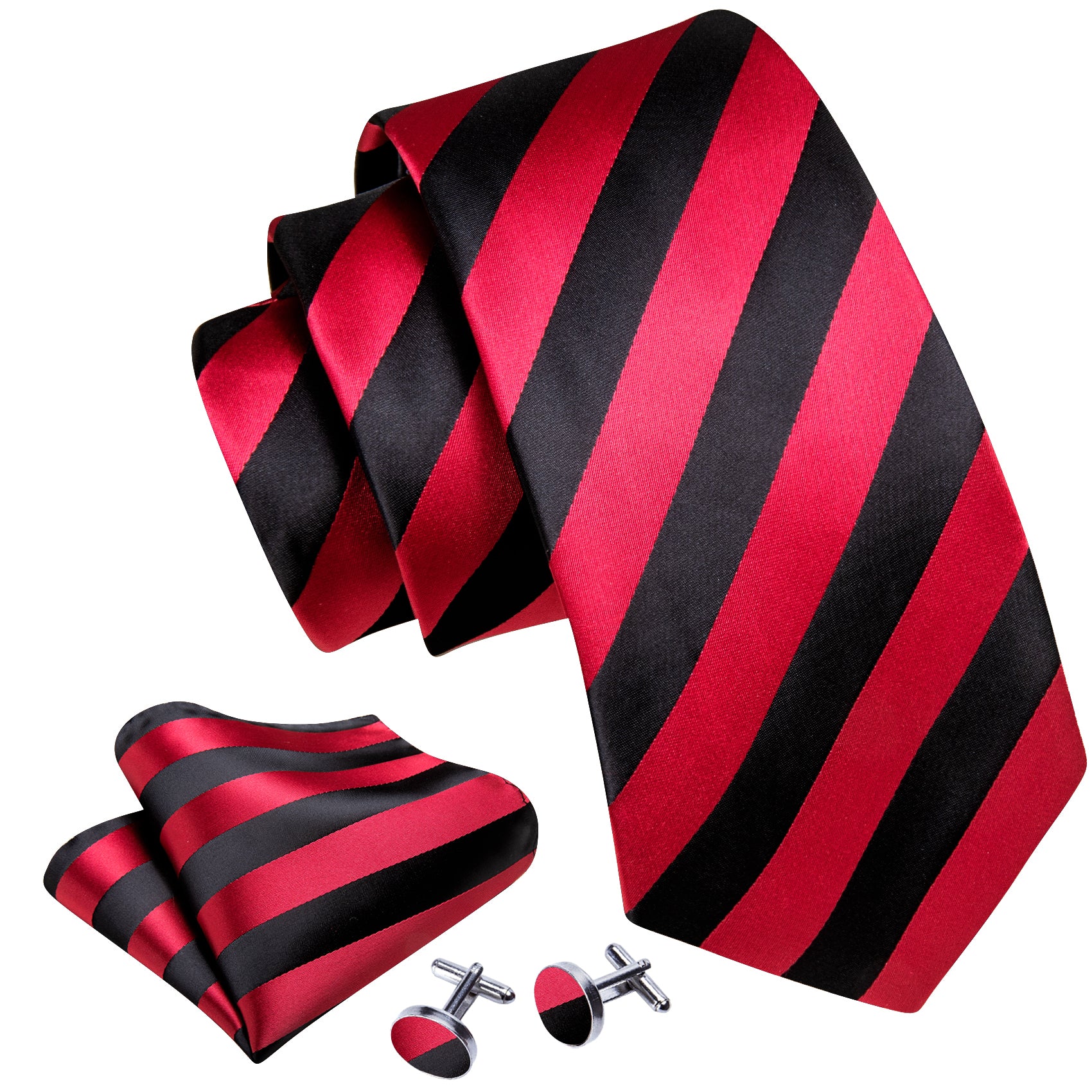 True Red Black Striped Silk Tie Handkerchief Cufflinks Set