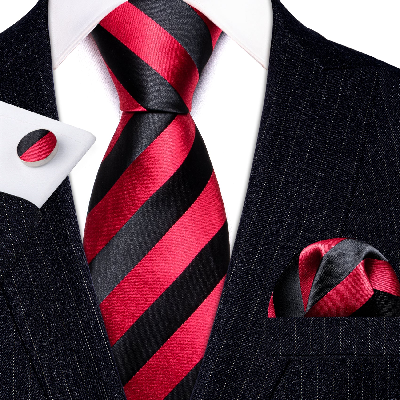 True Red Black Striped Silk Tie Handkerchief Cufflinks Set
