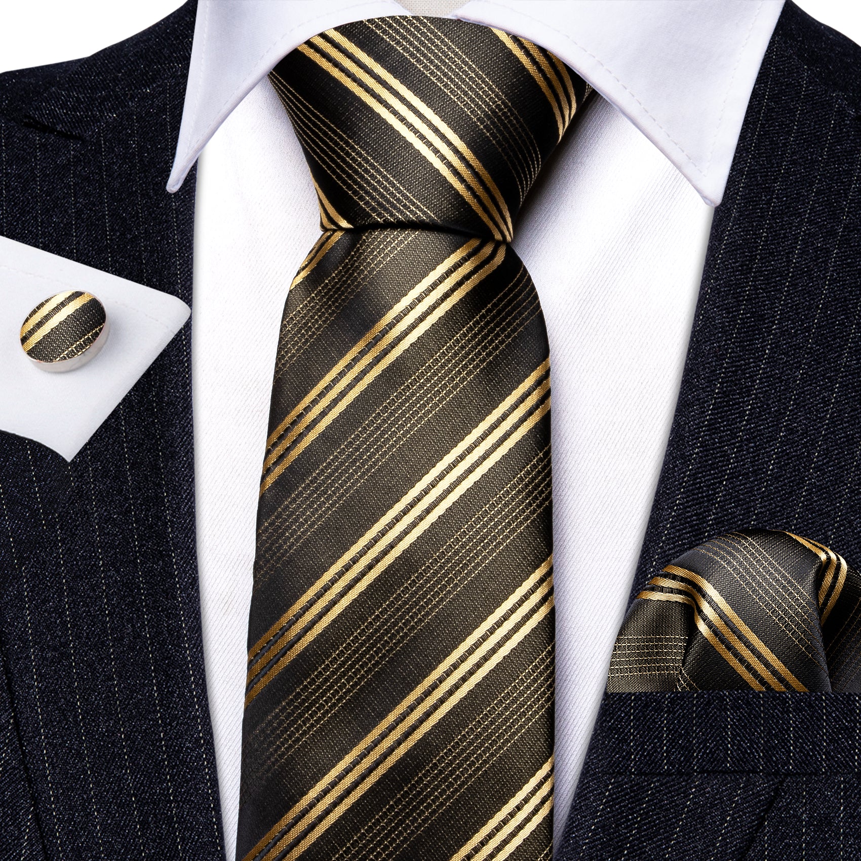 Green Gold Striped Silk Tie Handkerchief Cufflinks Set