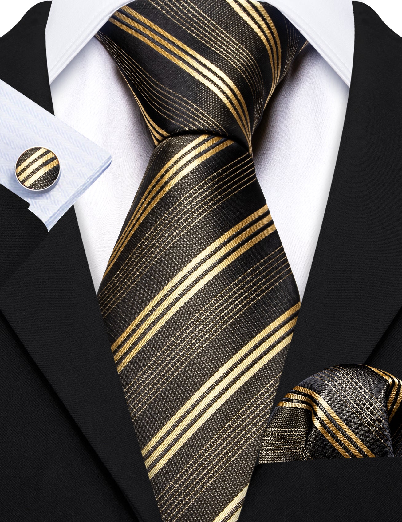 Green Gold Striped Silk Tie Handkerchief Cufflinks Set