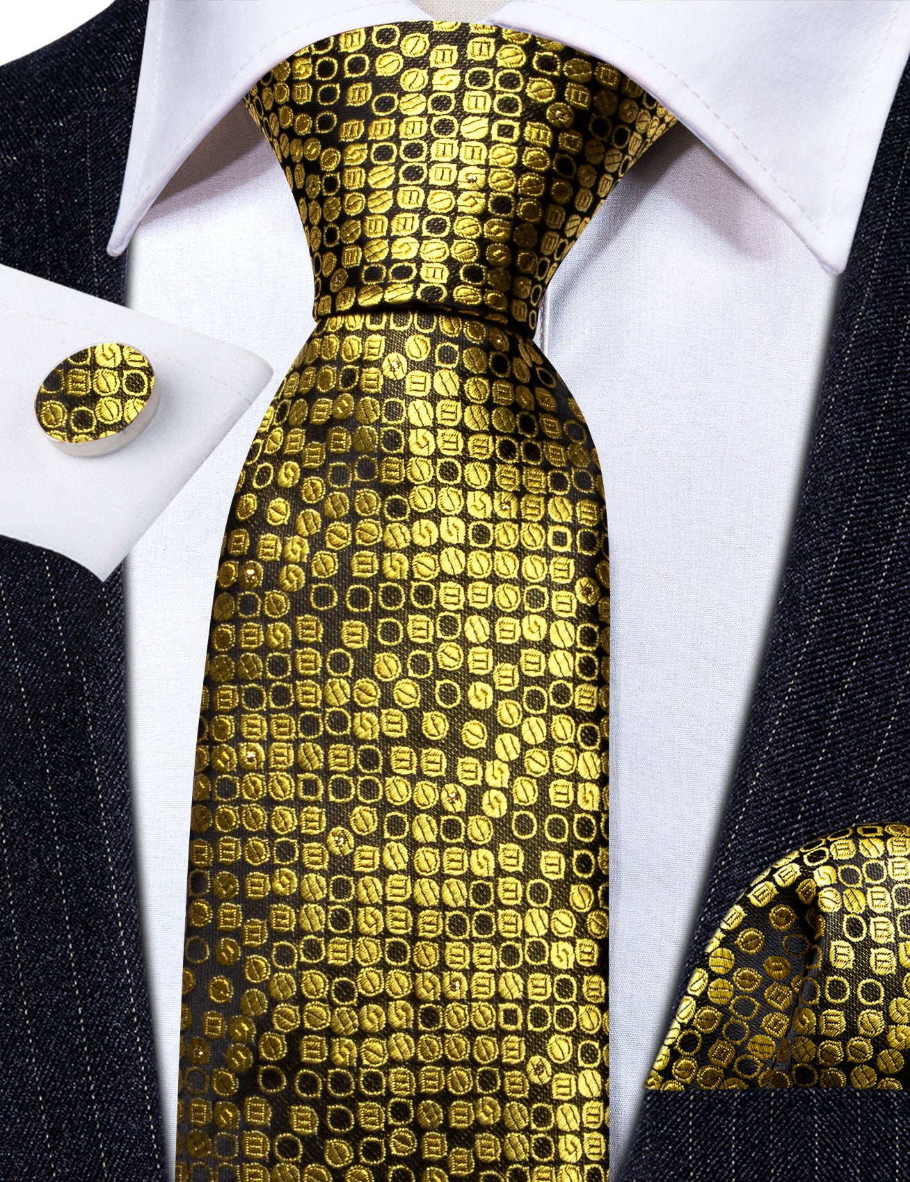 Gold Black Round Silk Tie Handkerchief Cufflinks Set