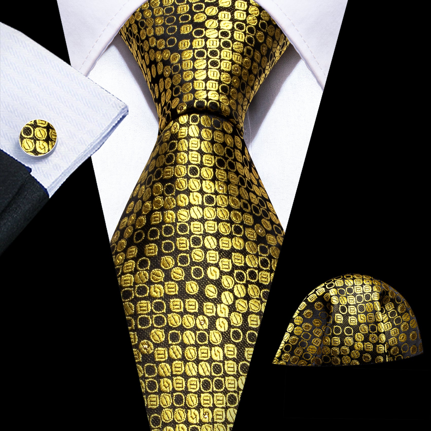 Gold Black Round Silk Tie Handkerchief Cufflinks Set