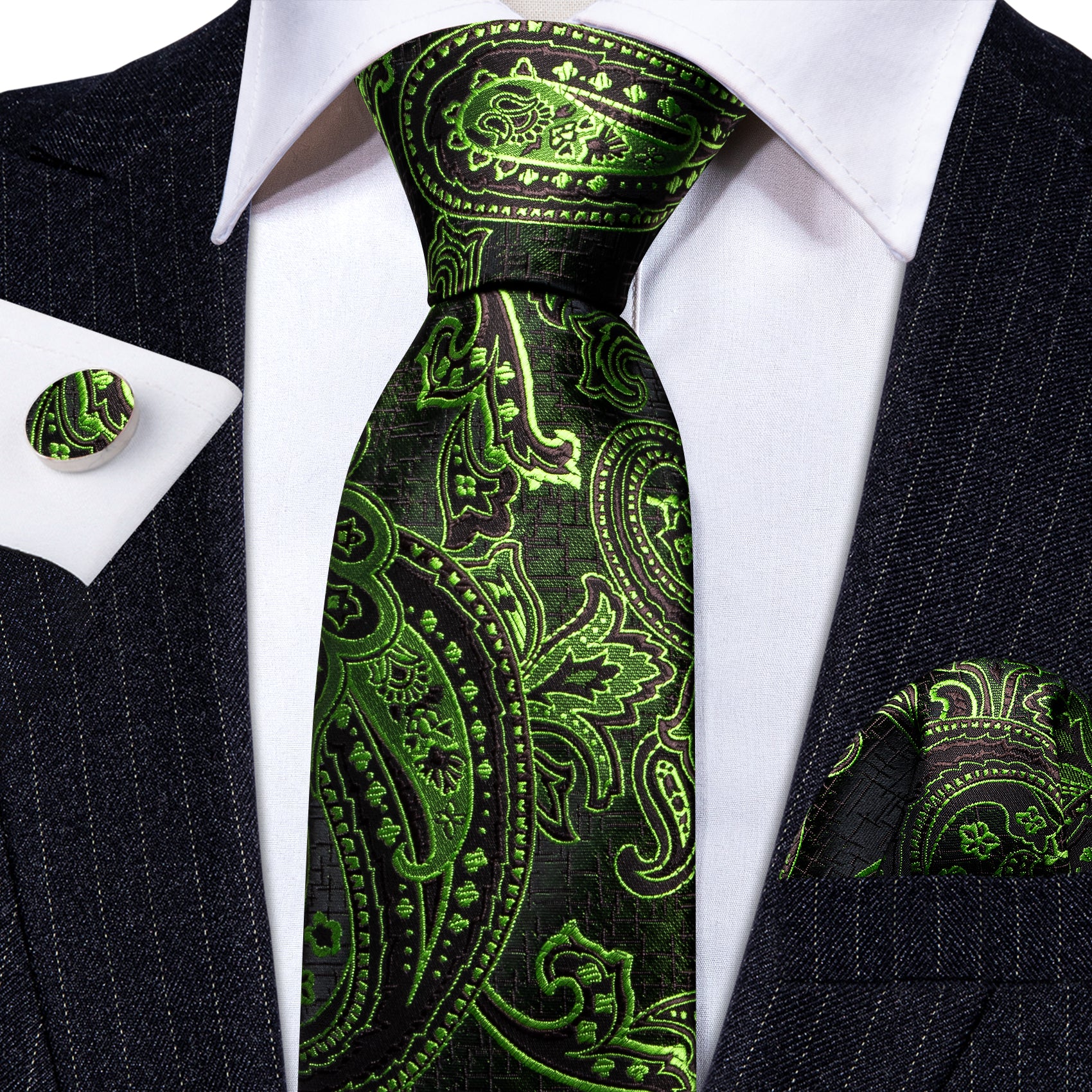  Green Brown Paisley Silk Tie Handkerchief Cufflinks Set