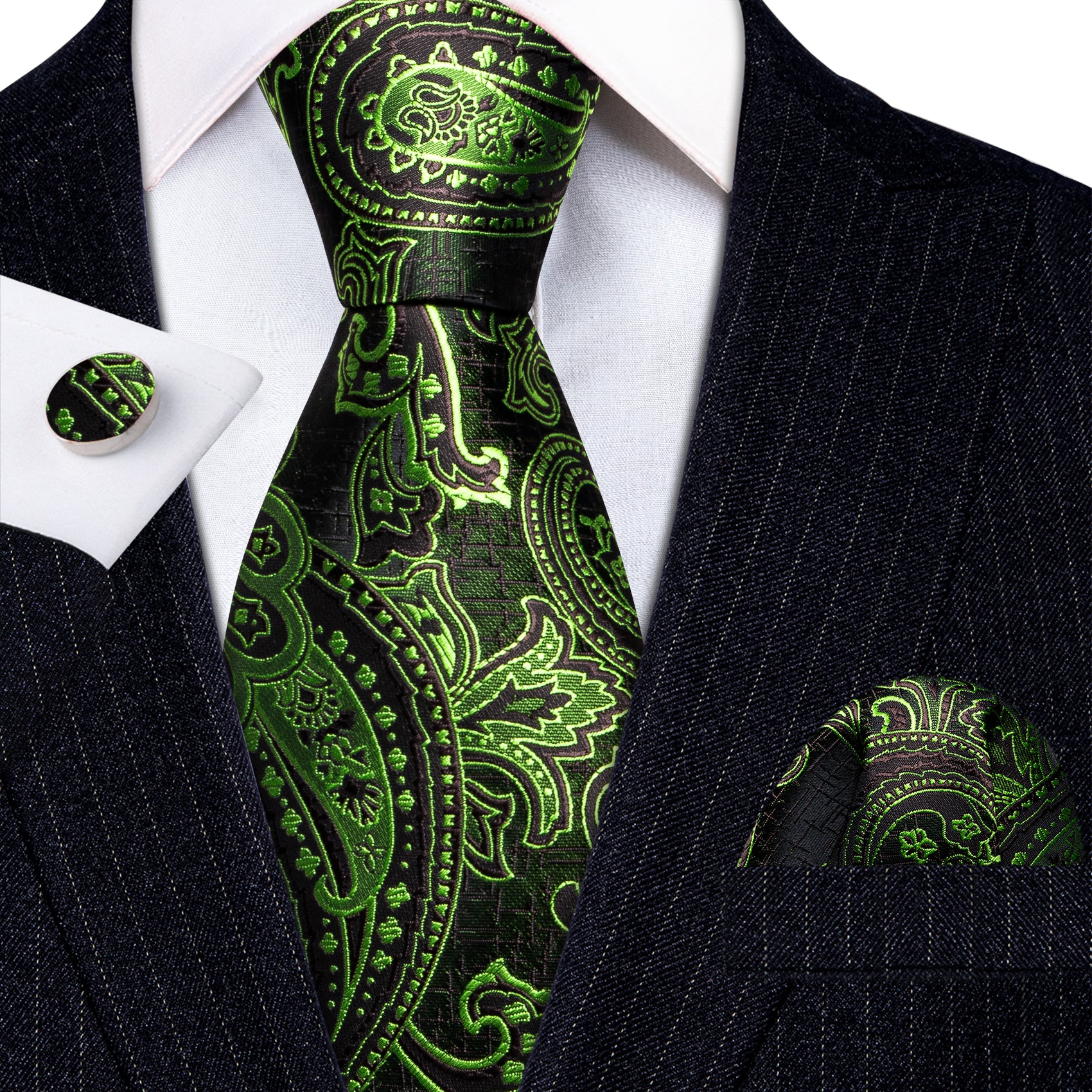 Green Brown Paisley Silk Tie Handkerchief Cufflinks Set