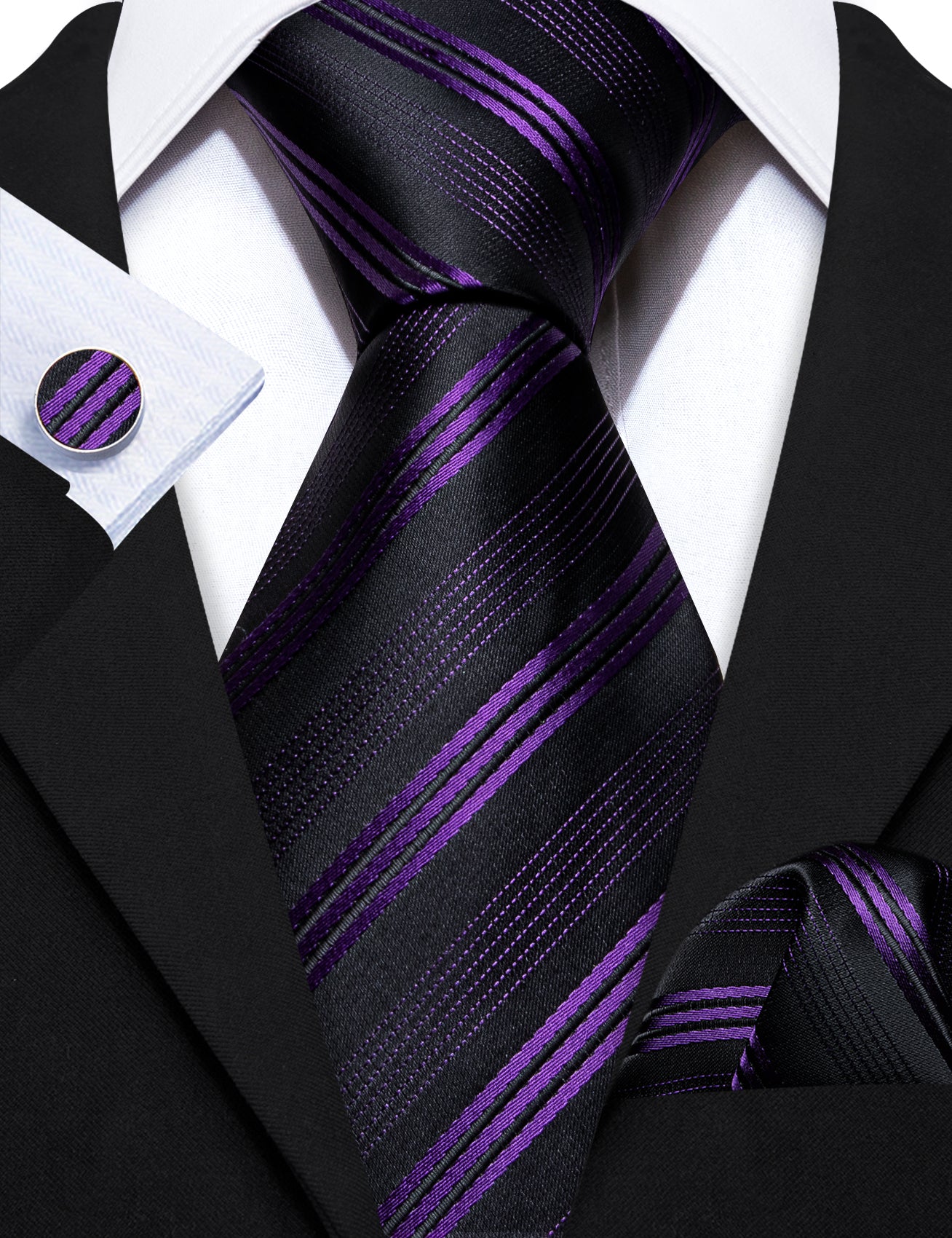 Barry.wang Black Tie Purple Striped Silk Men's Tie Hanky Cufflinks Set