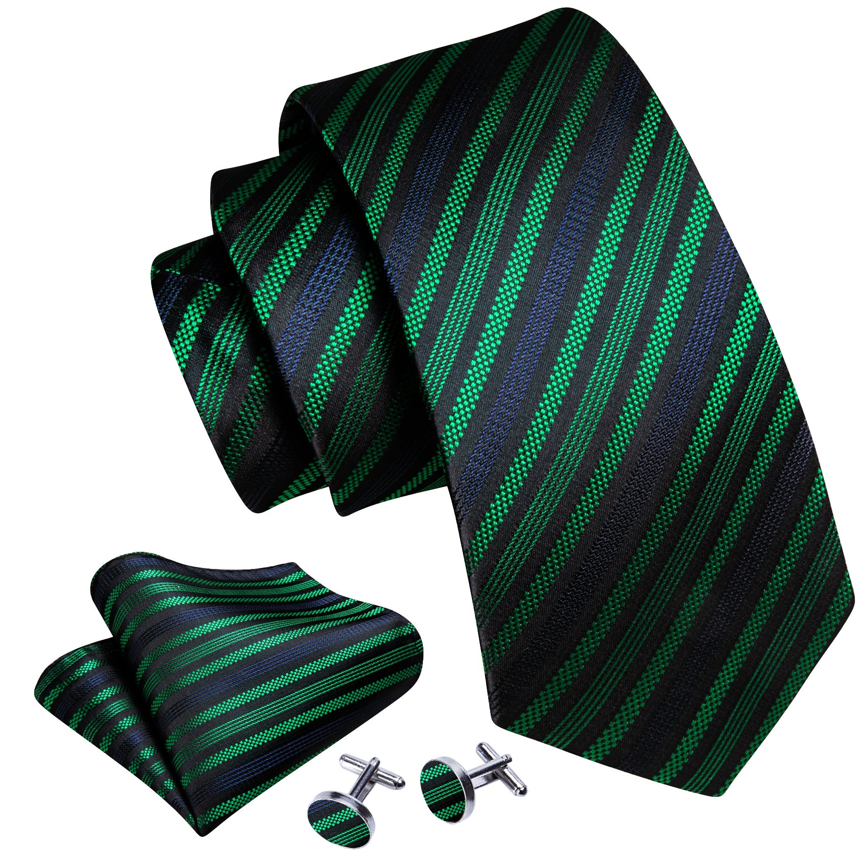  Black Tie Jacquard GreenBlue Stripes Tie Hanky Cufflink Set