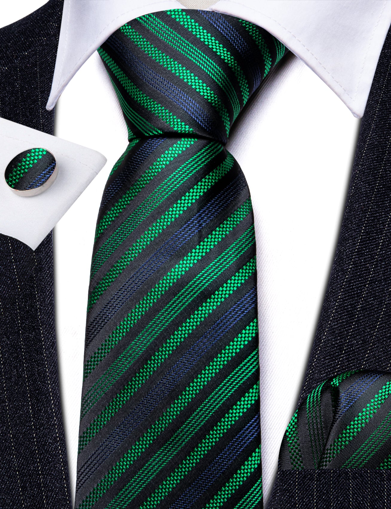  Black Tie Jacquard GreenBlue Stripes Tie Hanky Cufflink Set