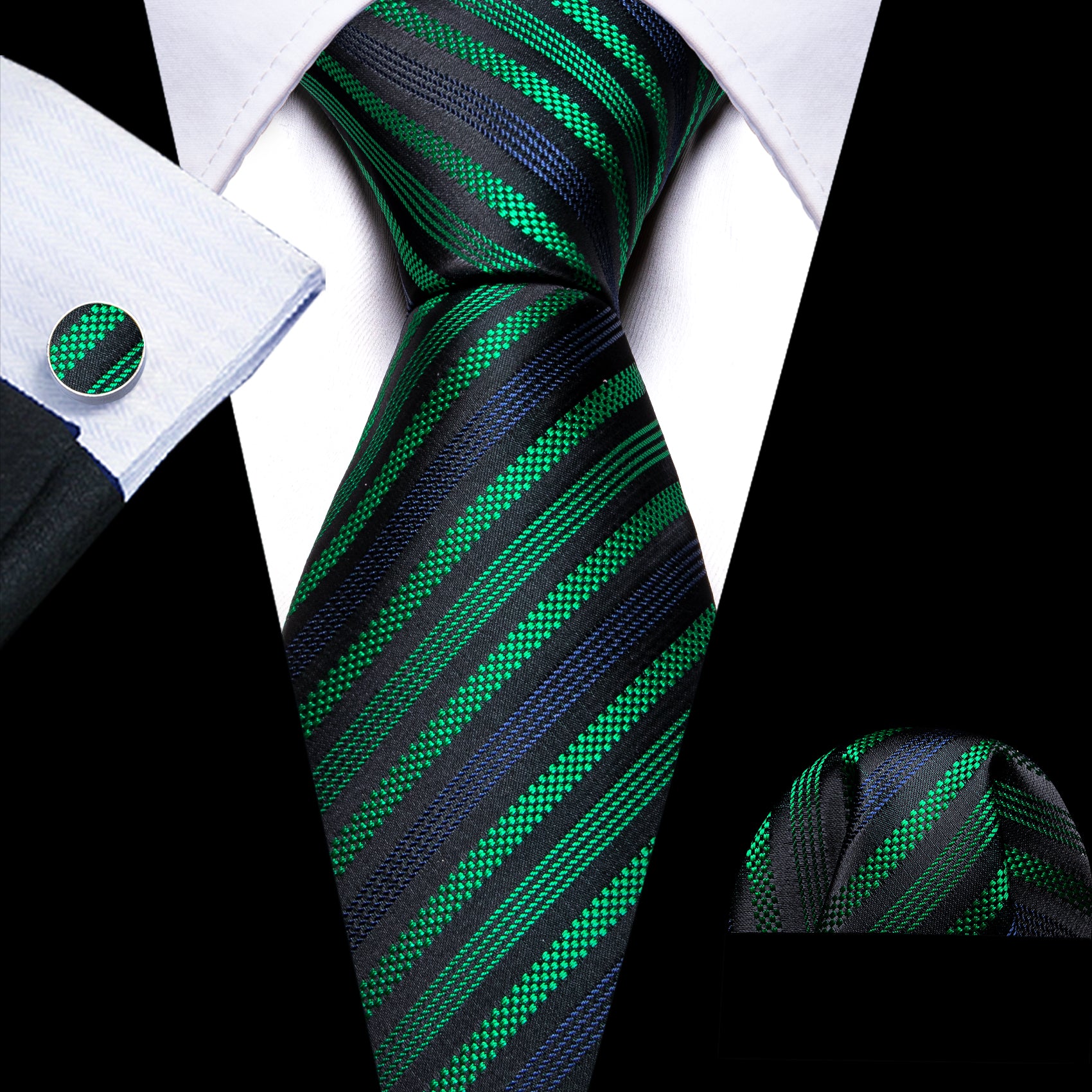  Black Tie Jacquard GreenBlue Stripes Tie Hanky Cufflink Set