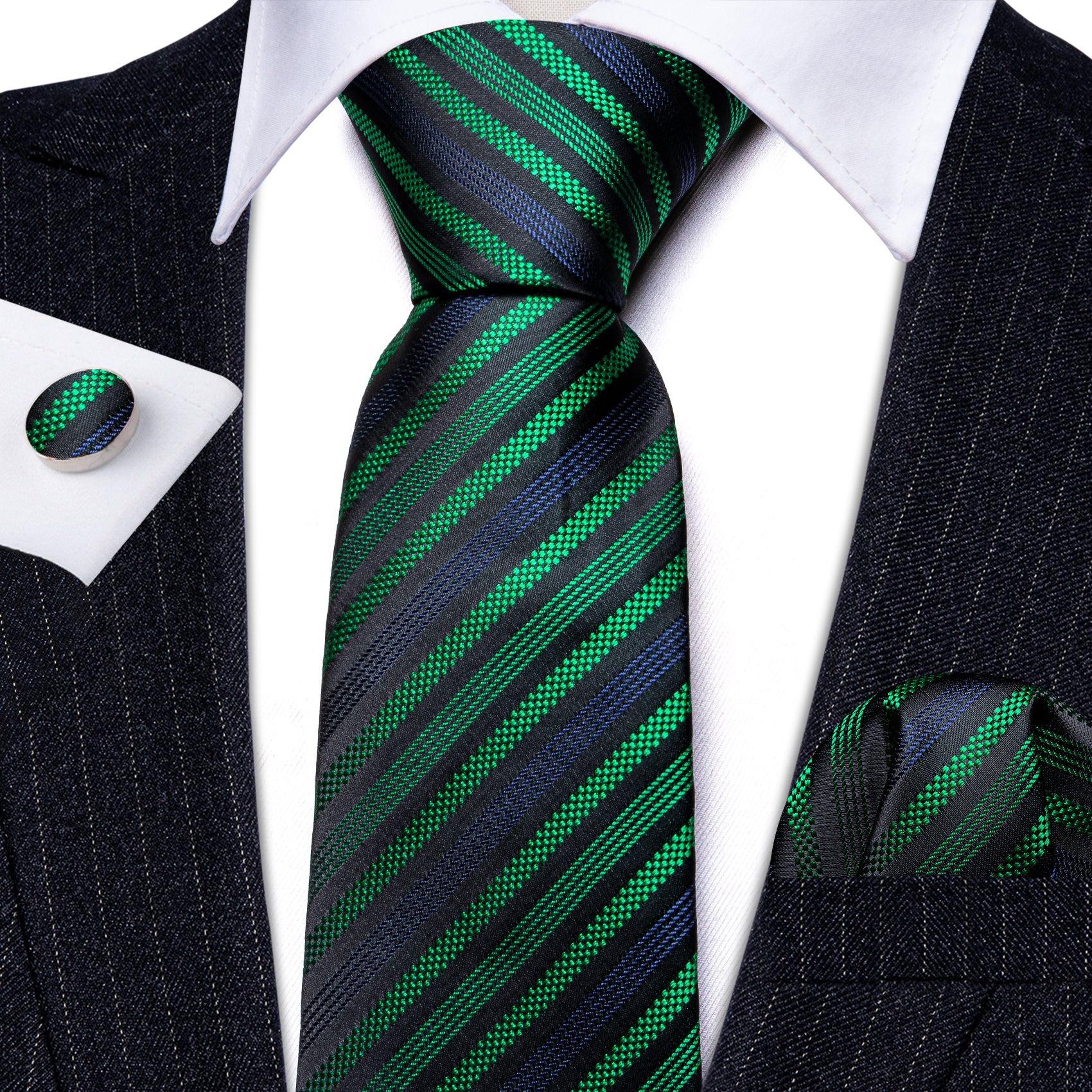  Black Tie Jacquard GreenBlue Stripes Tie Hanky Cufflink Set